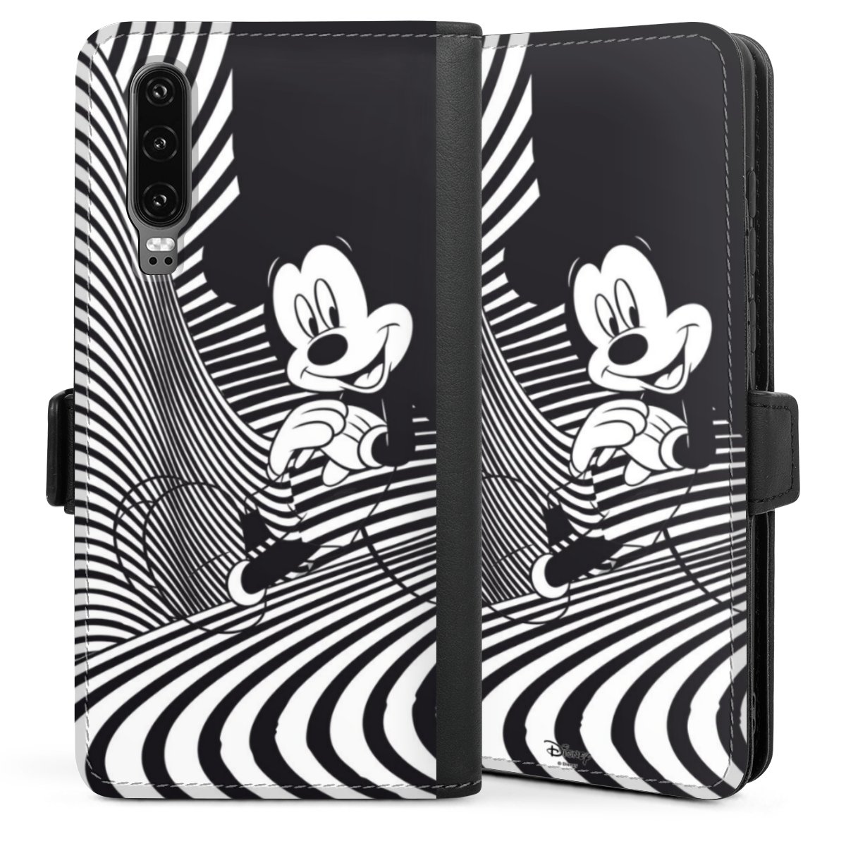 Huawei P30 Handy Klapphülle Handyhülle aus Kunst Leder schwarz Flip Case Mickey Mouse Official Licensed Product Disney Sideflip mit Lasche