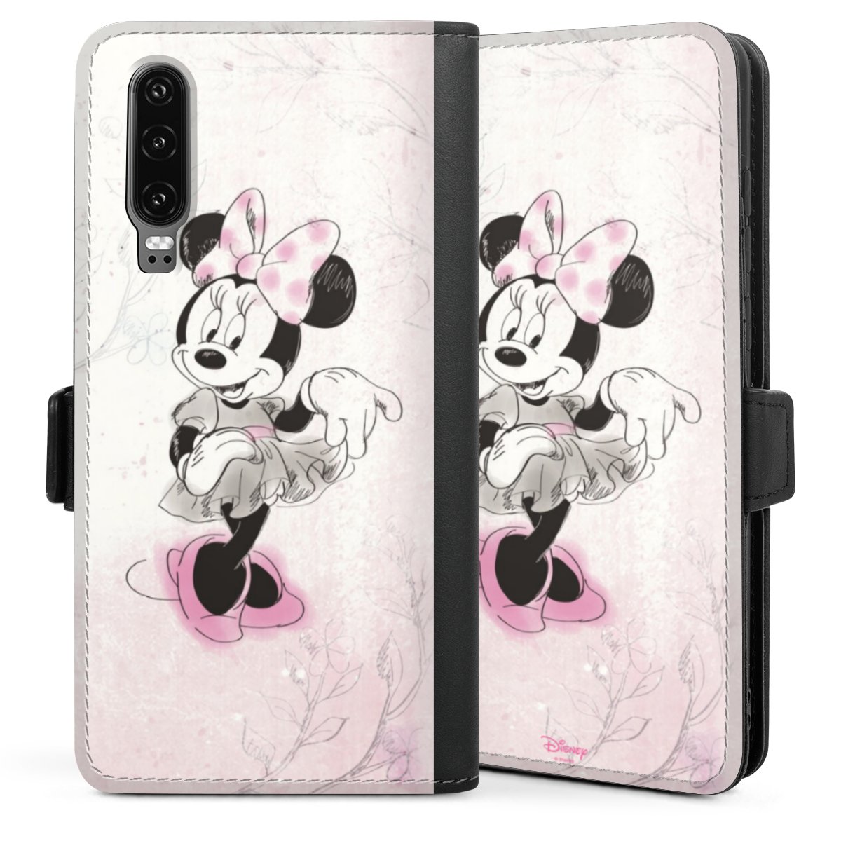 Huawei P30 Handy Klapphülle Handyhülle aus Kunst Leder schwarz Flip Case Disney Vintage Minnie Mouse Sideflip mit Lasche