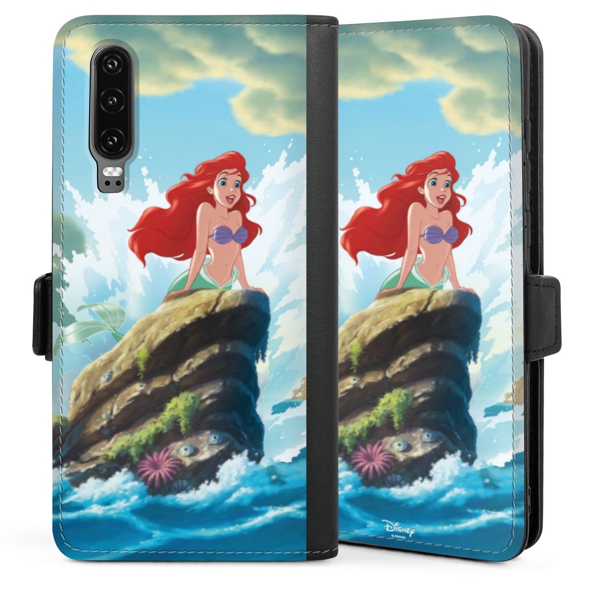 Huawei P30 Handy Klapphülle Handyhülle aus Kunst Leder schwarz Flip Case Mermaid Official Licensed Product Arielle Die Meerjungfrau Sideflip mit Lasche