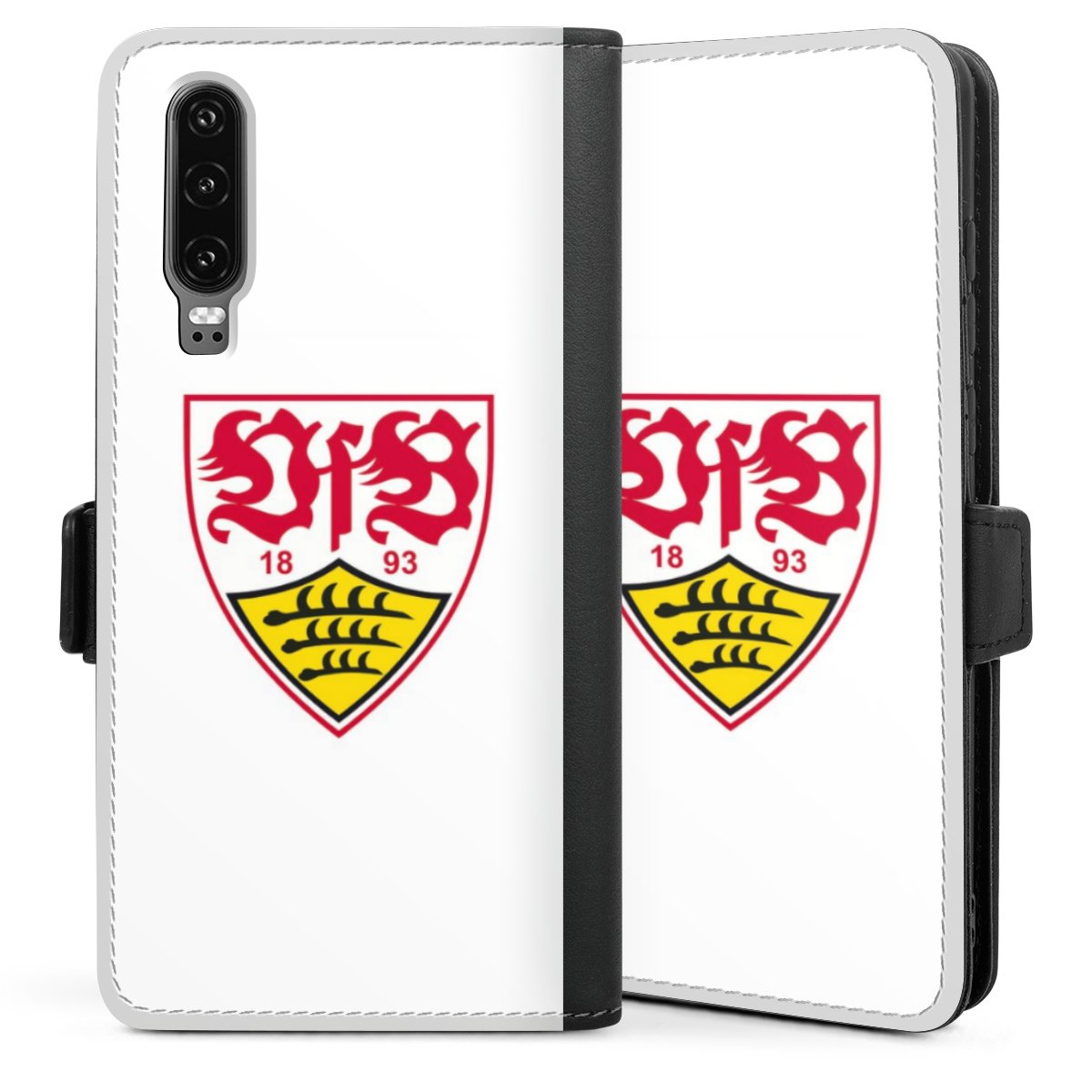 Huawei P30 Handy Klapphülle Handyhülle aus Kunst Leder schwarz Flip Case Official Licensed Product Logo Vfb Stuttgart Sideflip mit Lasche