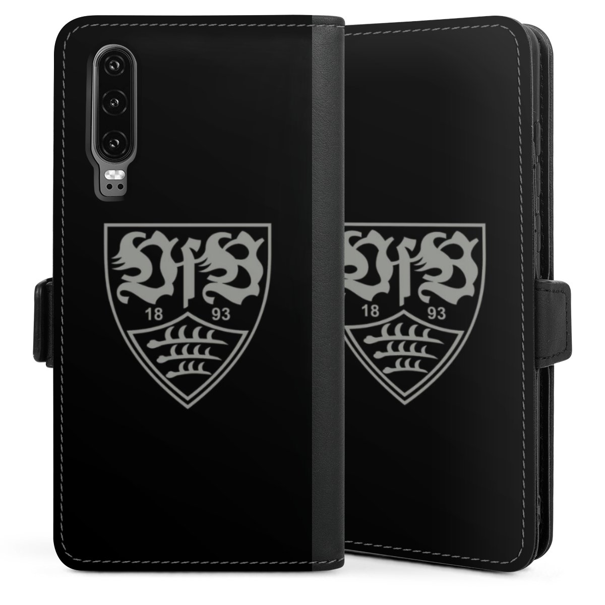 Huawei P30 Handy Klapphülle Handyhülle aus Kunst Leder schwarz Flip Case Official Licensed Product Vfb Stuttgart Sideflip mit Lasche