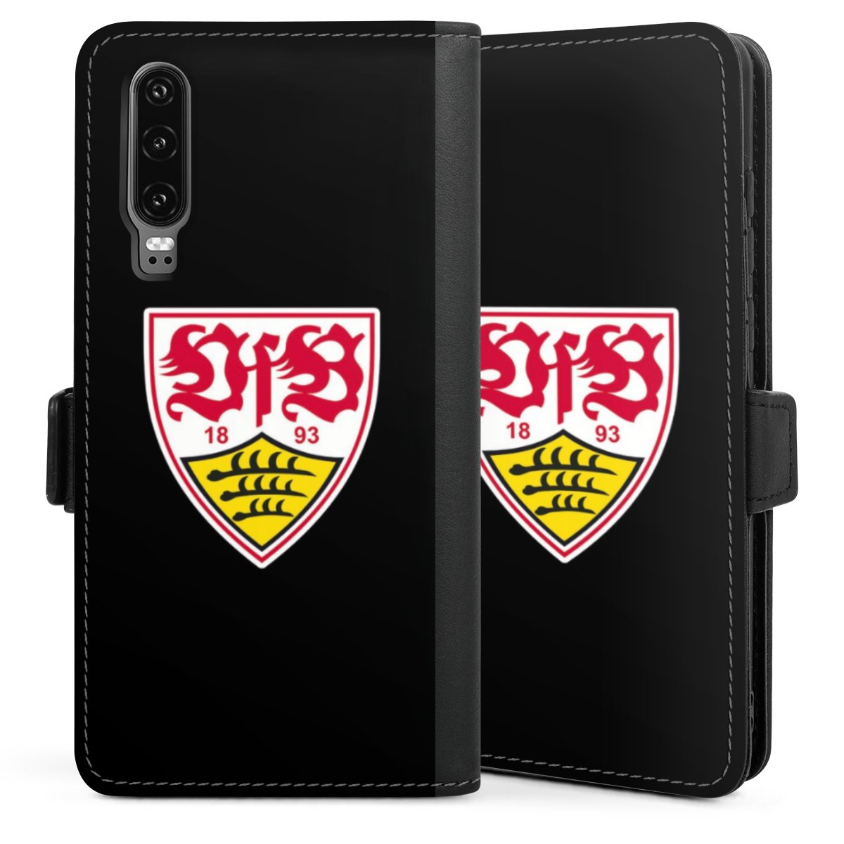 Huawei P30 Handy Klapphülle Handyhülle aus Kunst Leder schwarz Flip Case Coat Of Arms Vfb Stuttgart Official Licensed Product Sideflip mit Lasche