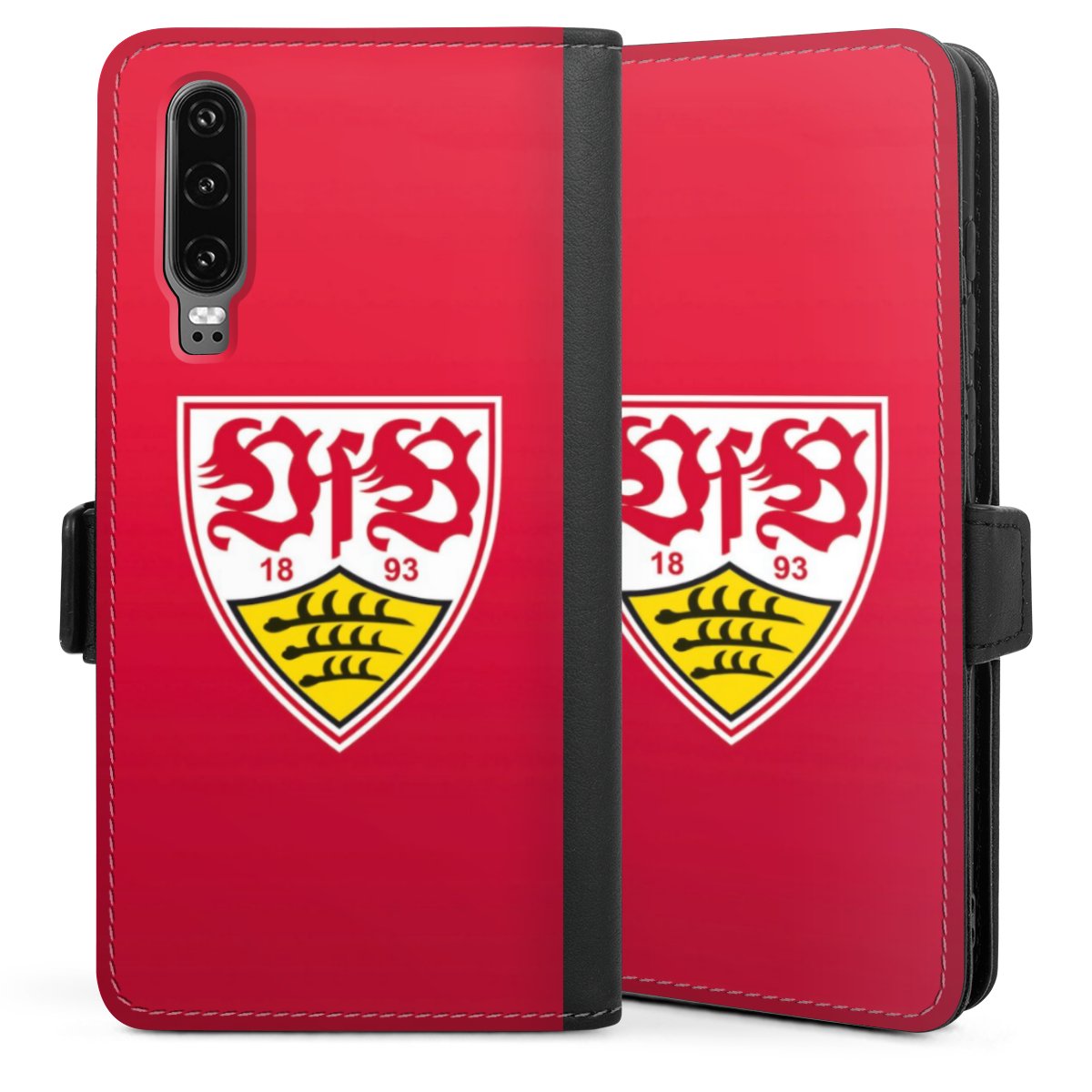 Huawei P30 Handy Klapphülle Handyhülle aus Kunst Leder schwarz Flip Case Official Licensed Product Vfb Stuttgart Sideflip mit Lasche