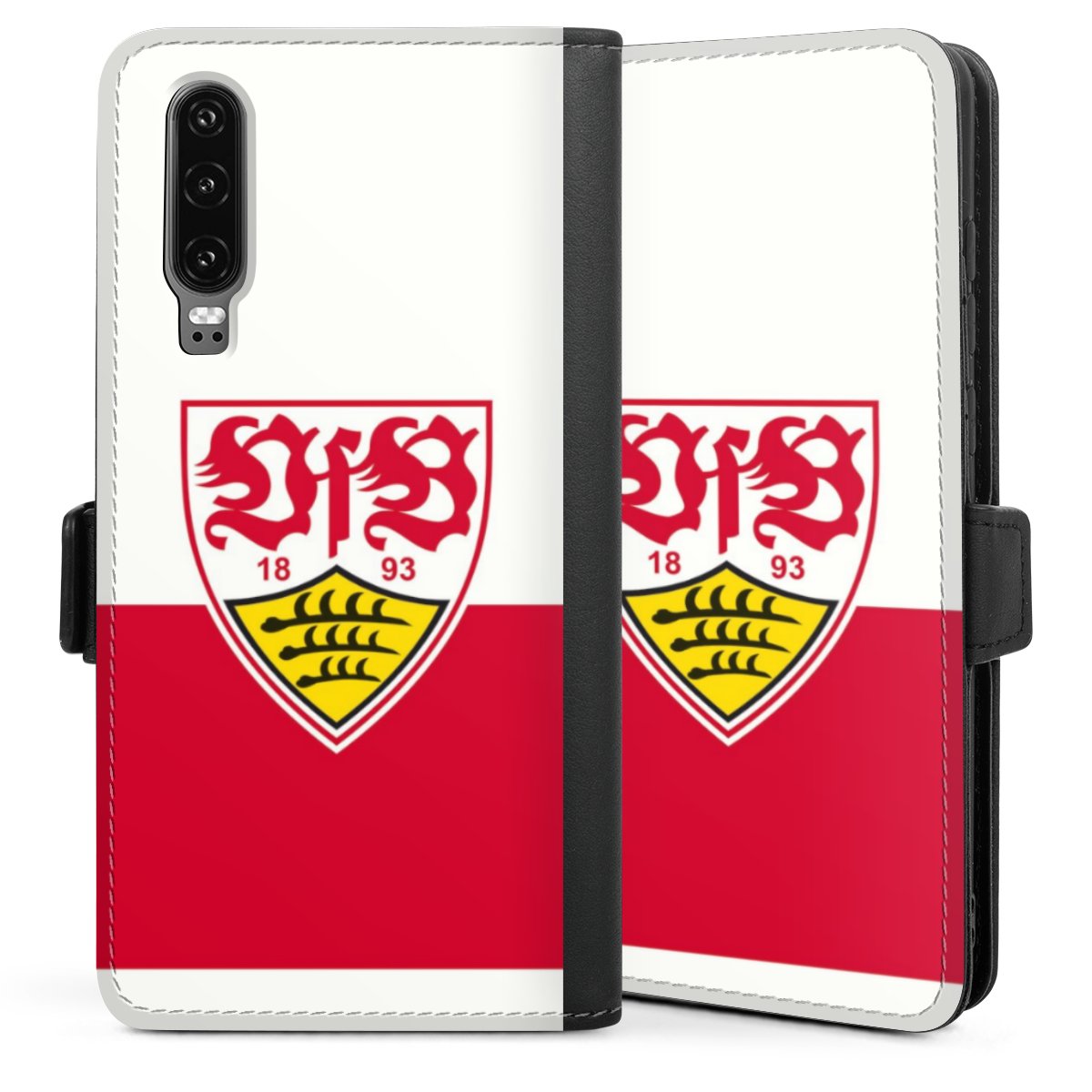 Huawei P30 Handy Klapphülle Handyhülle aus Kunst Leder schwarz Flip Case Logo Official Licensed Product Vfb Stuttgart Sideflip mit Lasche