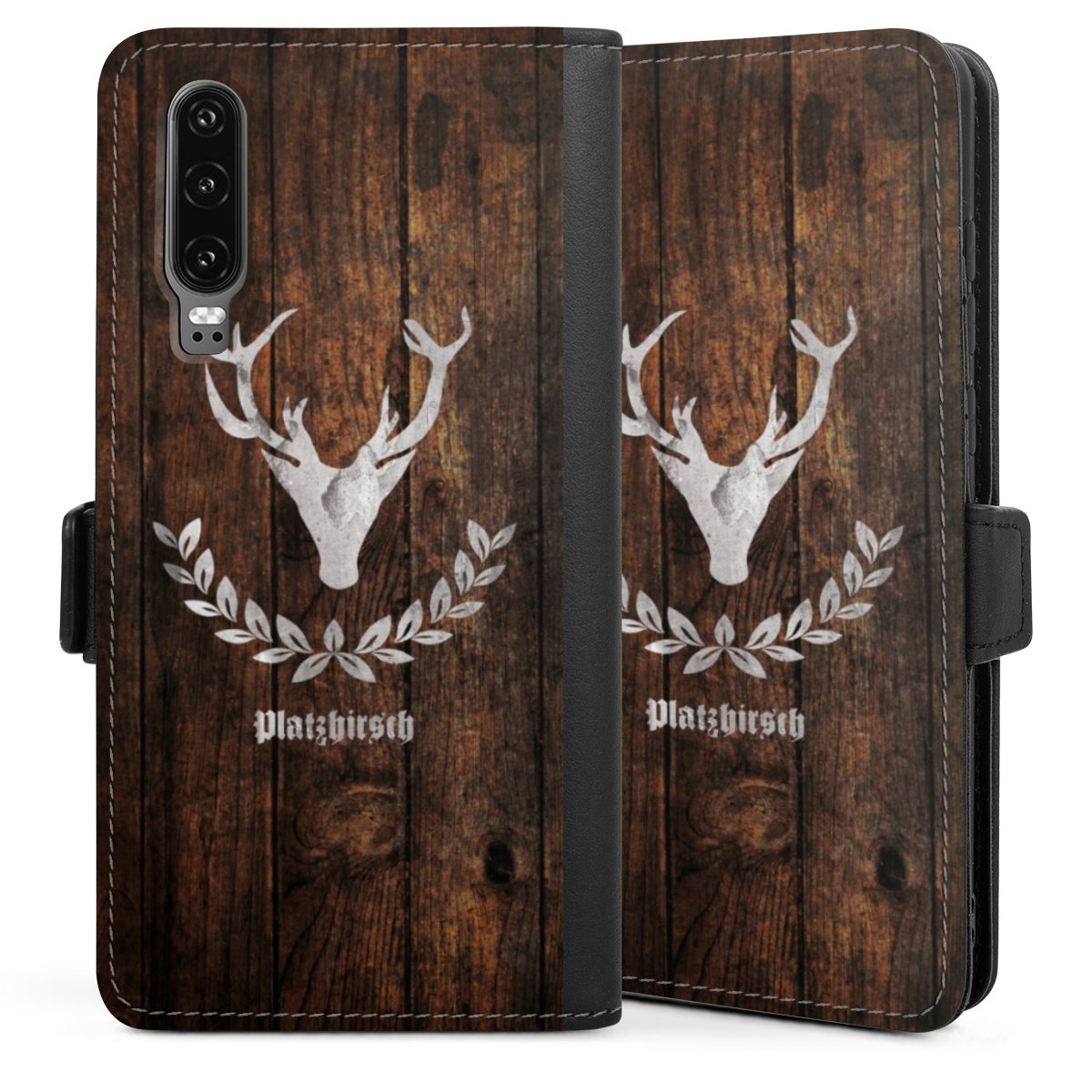 Huawei P30 Handy Klapphülle Handyhülle aus Kunst Leder schwarz Flip Case Deer Wooden Look Wood Sideflip mit Lasche