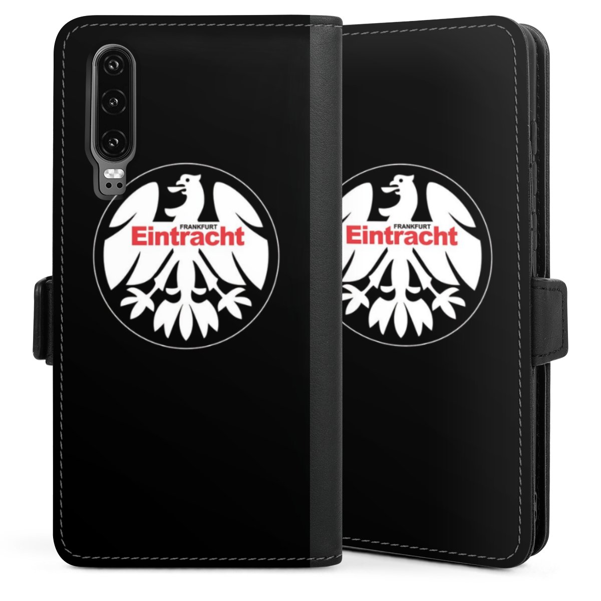 Huawei P30 Handy Klapphülle Handyhülle aus Kunst Leder schwarz Flip Case Eintracht Frankfurt Official Licensed Product Sge Sideflip mit Lasche