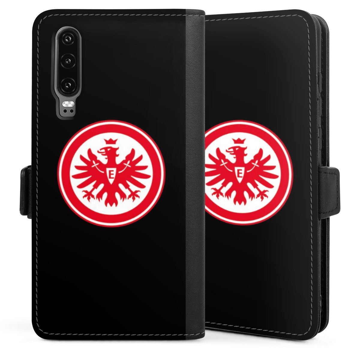 Huawei P30 Handy Klapphülle Handyhülle aus Kunst Leder schwarz Flip Case Eagle Sge Eintracht Frankfurt Sideflip mit Lasche