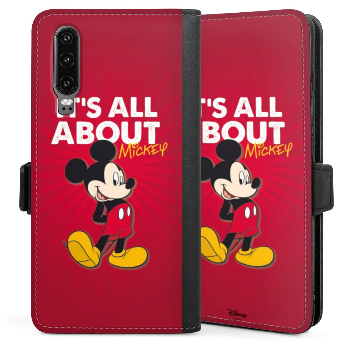 Huawei P30 Handy Klapphülle Handyhülle aus Kunst Leder schwarz Flip Case Mouse Disney Official Licensed Product Sideflip mit Lasche