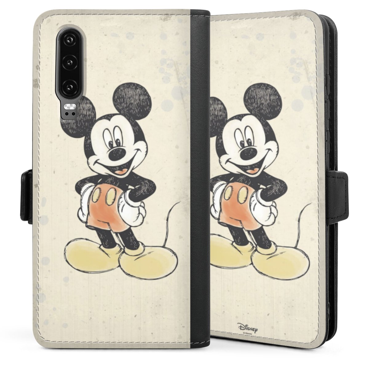 Huawei P30 Handy Klapphülle Handyhülle aus Kunst Leder schwarz Flip Case Official Licensed Product Mickey & Minnie Mouse Water Colour Sideflip mit Lasche