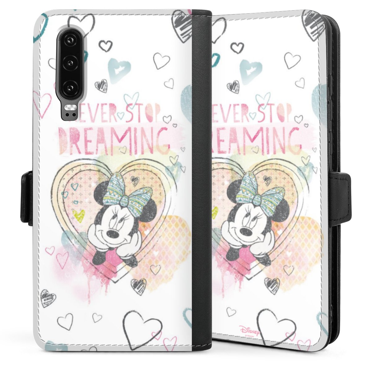 Huawei P30 Handy Klapphülle Handyhülle aus Kunst Leder schwarz Flip Case Official Licensed Product Minnie Mouse Disney Sideflip mit Lasche