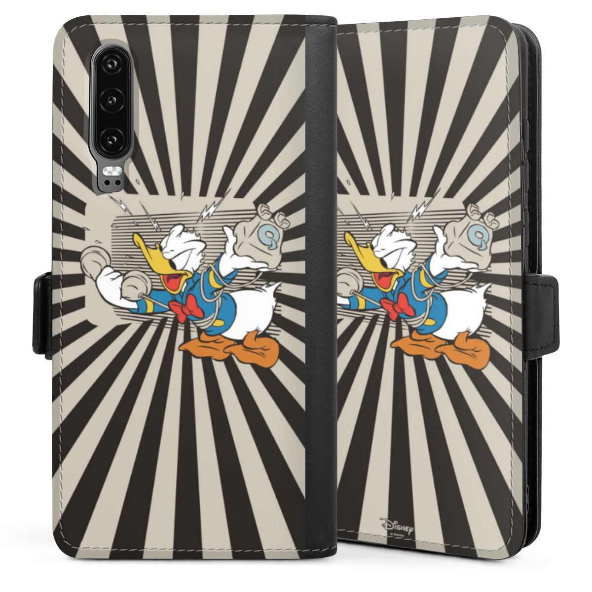 Huawei P30 Handy Klapphülle Handyhülle aus Kunst Leder schwarz Flip Case Disney Donald Duck Official Licensed Product Sideflip mit Lasche