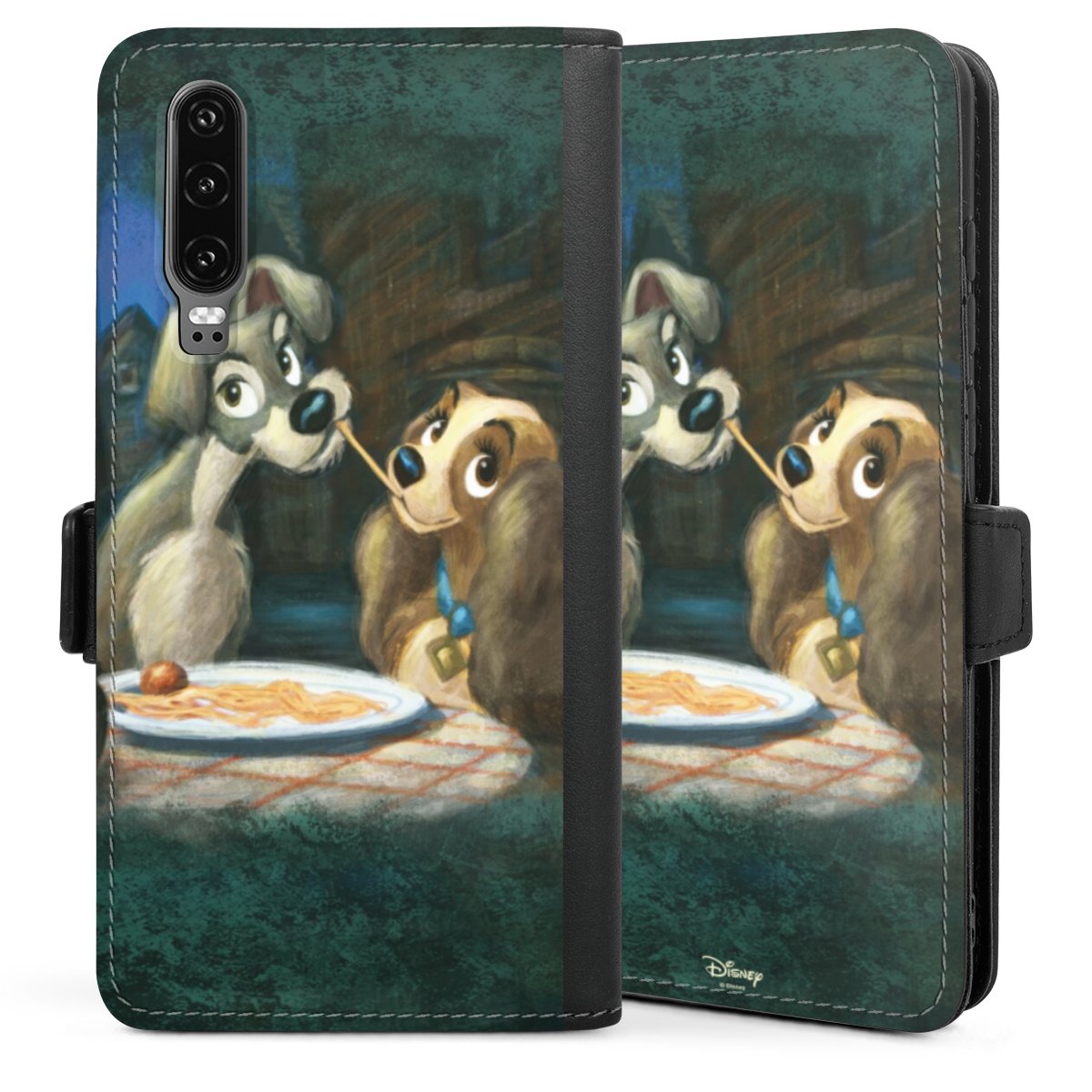 Huawei P30 Handy Klapphülle Handyhülle aus Kunst Leder schwarz Flip Case Official Licensed Product Lady And The Tramp Disney Sideflip mit Lasche