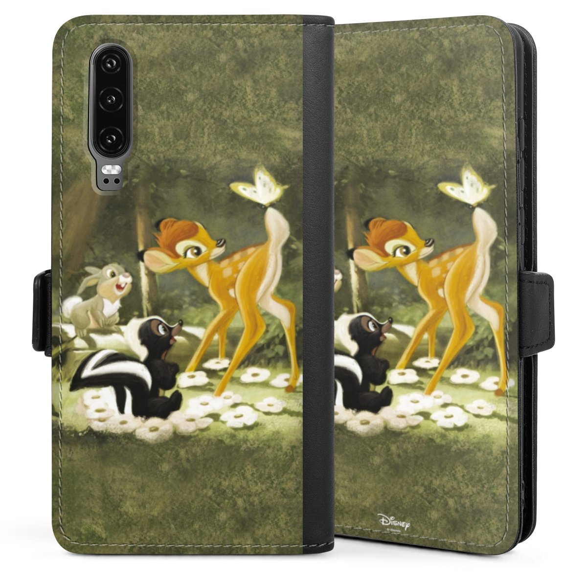 Huawei P30 Handy Klapphülle Handyhülle aus Kunst Leder schwarz Flip Case Official Licensed Product Disney Bambi Sideflip mit Lasche