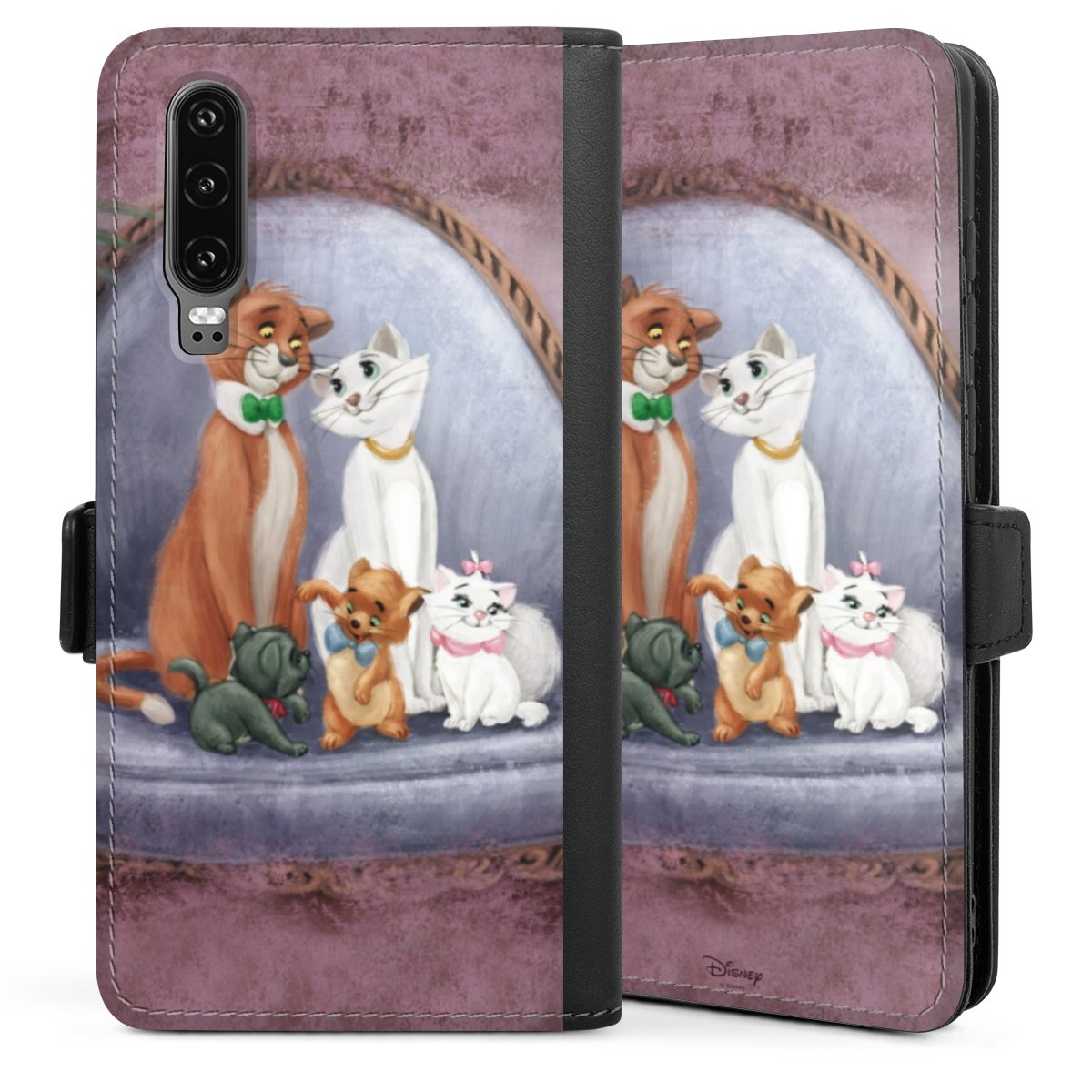 Huawei P30 Handy Klapphülle Handyhülle aus Kunst Leder schwarz Flip Case Aristocats Official Licensed Product Disney Sideflip mit Lasche