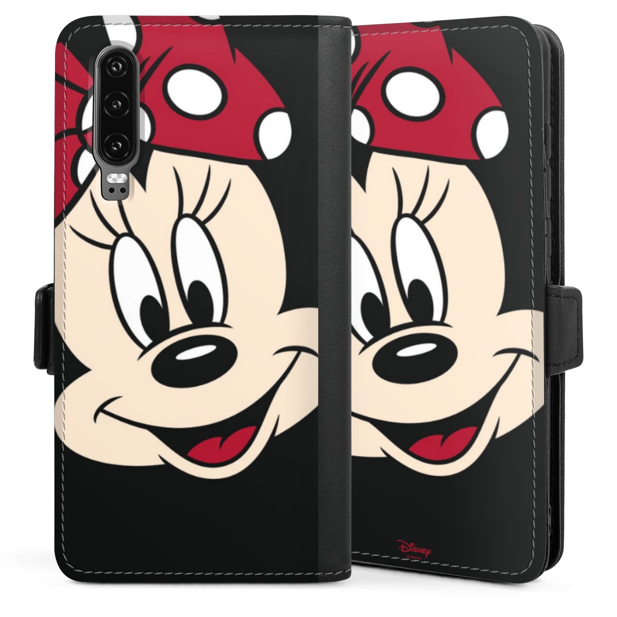 Huawei P30 Handy Klapphülle Handyhülle aus Kunst Leder schwarz Flip Case Disney Minnie Mouse Official Licensed Product Sideflip mit Lasche