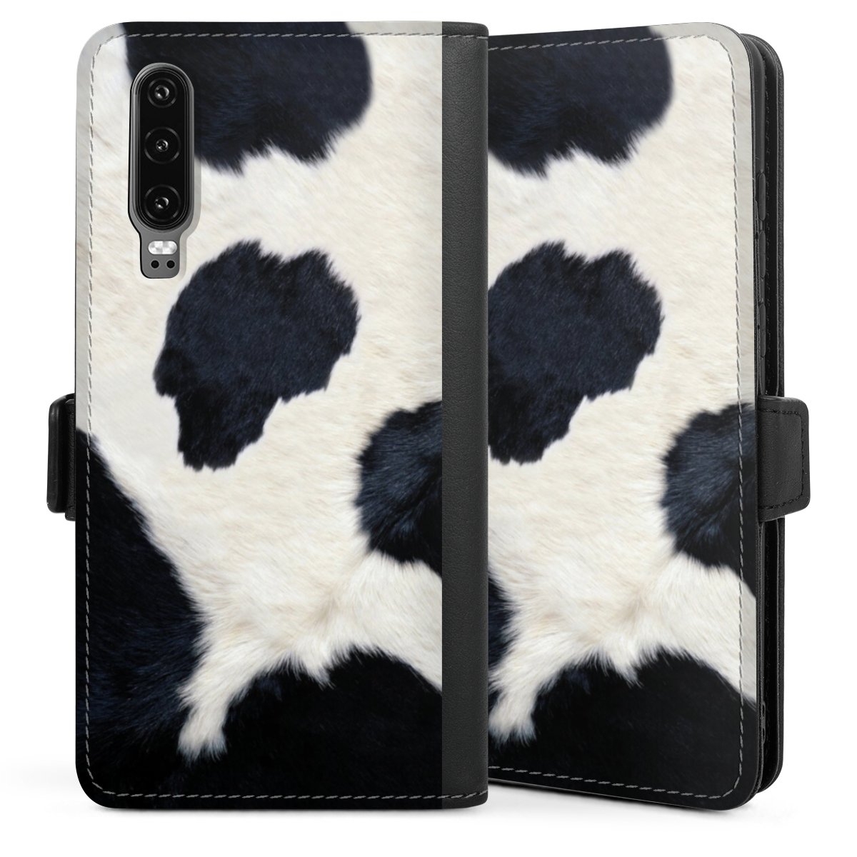 Huawei P30 Handy Klapphülle Handyhülle aus Kunst Leder schwarz Flip Case Cow Skin Animal Print Animal Look Sideflip mit Lasche