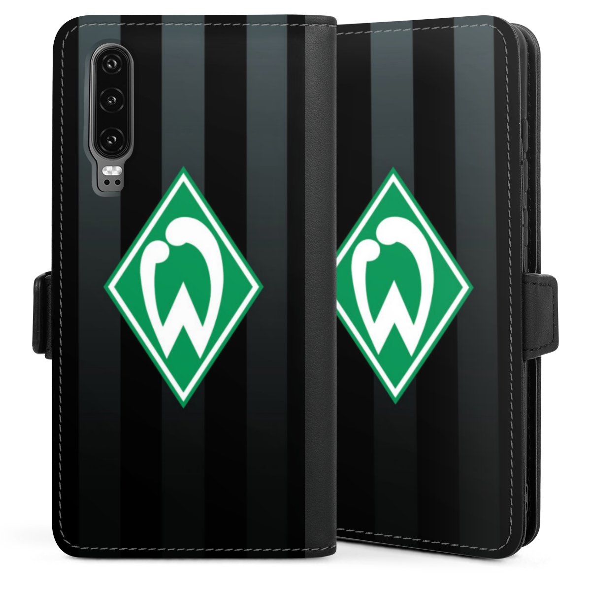 Huawei P30 Handy Klapphülle Handyhülle aus Kunst Leder schwarz Flip Case Stripes Official Licensed Product Sv Werder Bremen Sideflip mit Lasche