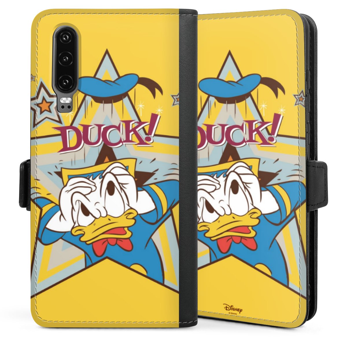 Huawei P30 Handy Klapphülle Handyhülle aus Kunst Leder schwarz Flip Case Donald Duck Official Licensed Product Disney Sideflip mit Lasche