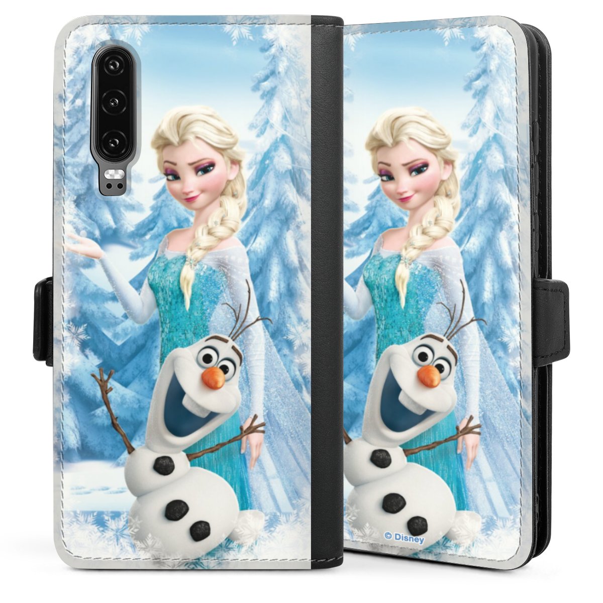 Huawei P30 Handy Klapphülle Handyhülle aus Kunst Leder schwarz Flip Case Official Licensed Product Disney Frozen Elsa Sideflip mit Lasche