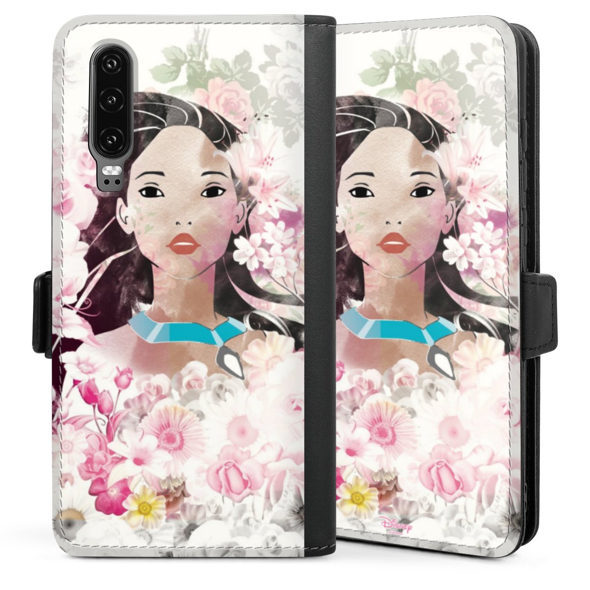 Huawei P30 Handy Klapphülle Handyhülle aus Kunst Leder schwarz Flip Case Official Licensed Product Disney Pocahontas Sideflip mit Lasche