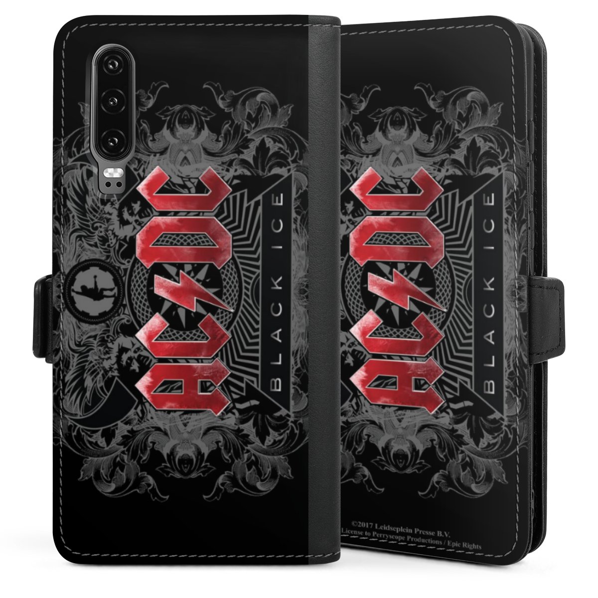 Huawei P30 Handy Klapphülle Handyhülle aus Kunst Leder schwarz Flip Case Acdc Merchandise Black Ice Sideflip mit Lasche