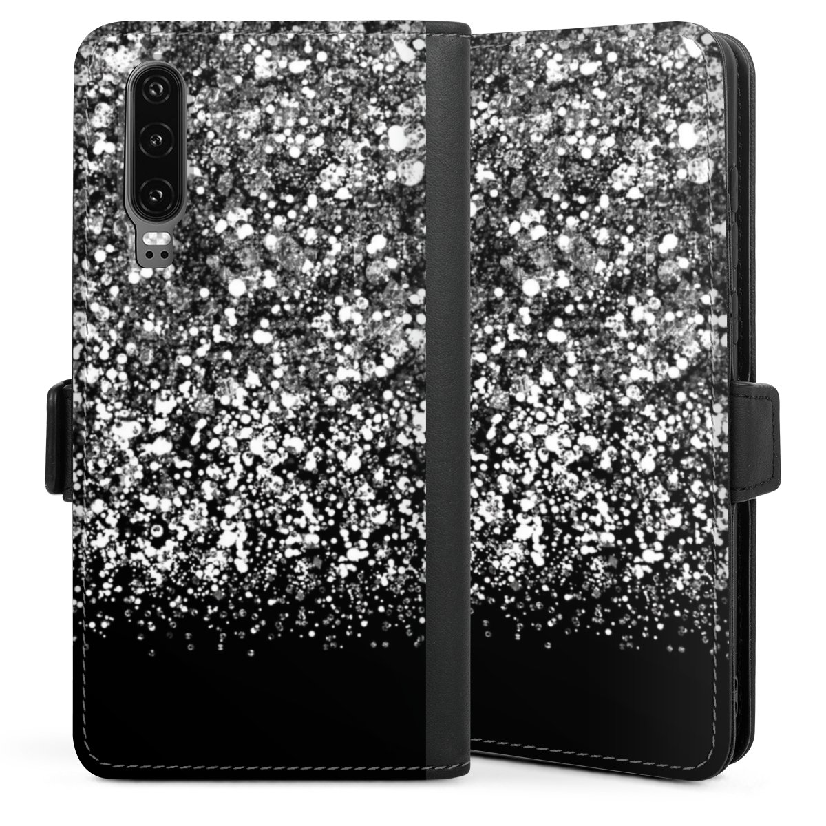 Huawei P30 Handy Klapphülle Handyhülle aus Kunst Leder schwarz Flip Case Snowflake Muster Glitzer Sideflip mit Lasche