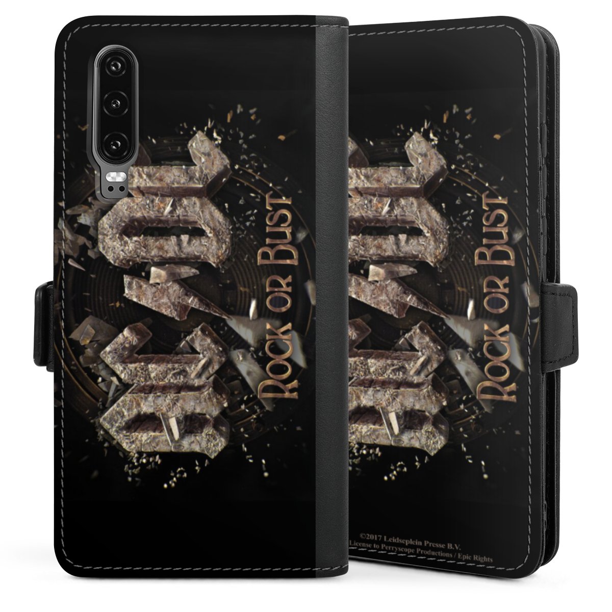 Huawei P30 Handy Klapphülle Handyhülle aus Kunst Leder schwarz Flip Case Official Licensed Product Acdc Rock Or Bust Sideflip mit Lasche