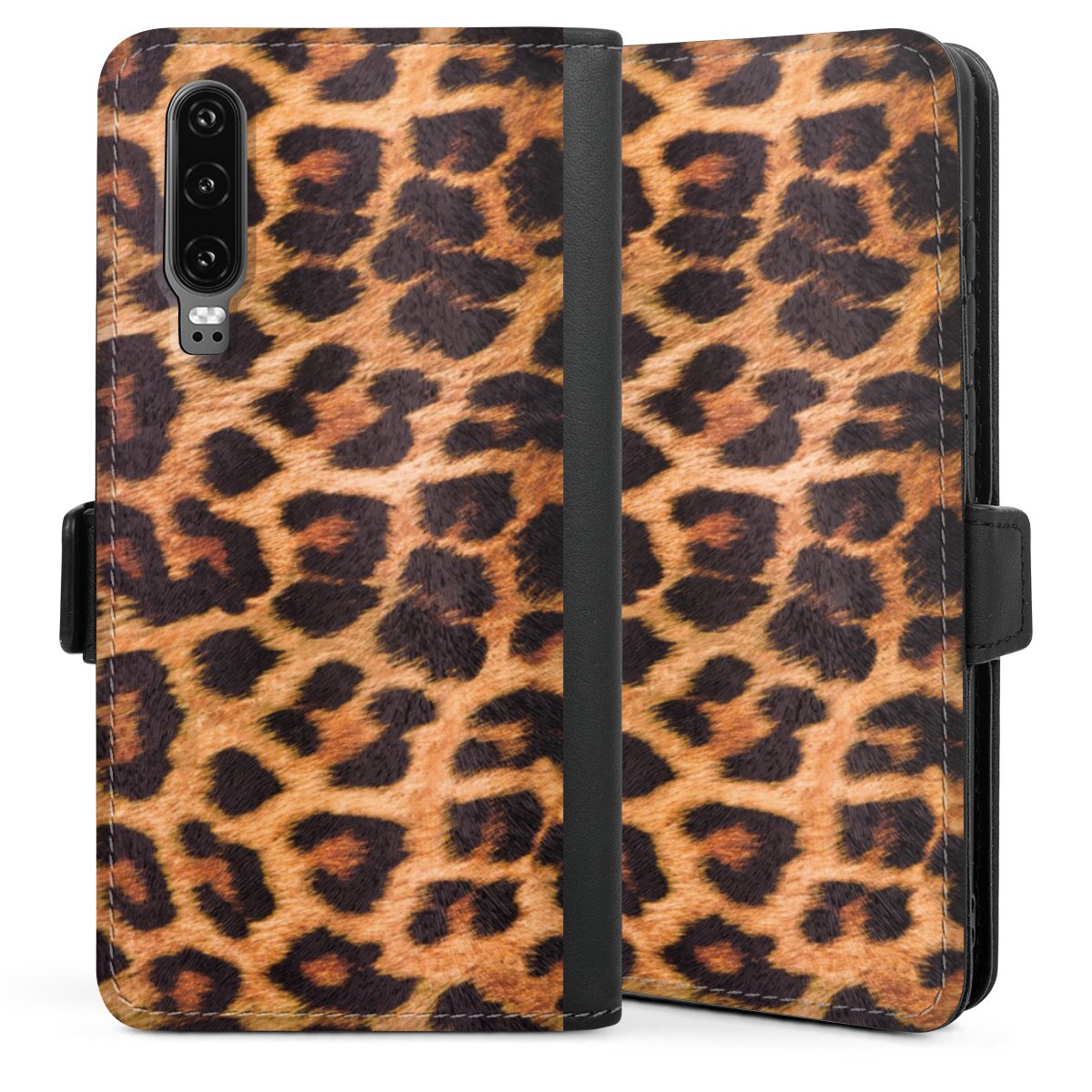 Huawei P30 Handy Klapphülle Handyhülle aus Kunst Leder schwarz Flip Case Animal Print Fur Leopard Sideflip mit Lasche