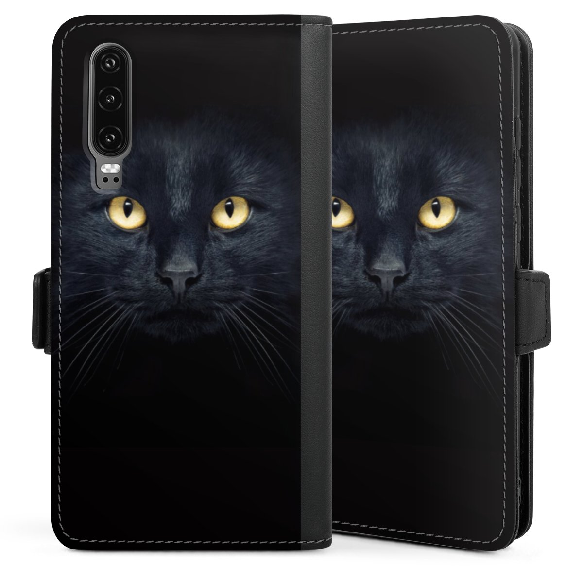 Huawei P30 Handy Klapphülle Handyhülle aus Kunst Leder schwarz Flip Case Black Eye Cat Sideflip mit Lasche