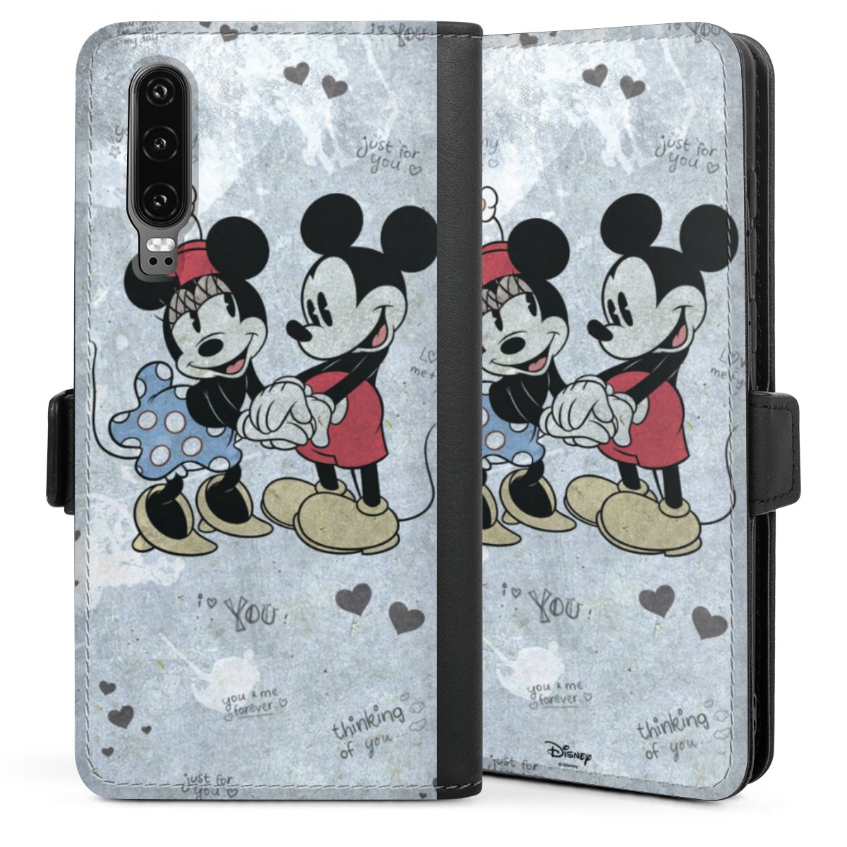 Huawei P30 Handy Klapphülle Handyhülle aus Kunst Leder schwarz Flip Case Disney Vintage Mickey & Minnie Mouse Sideflip mit Lasche