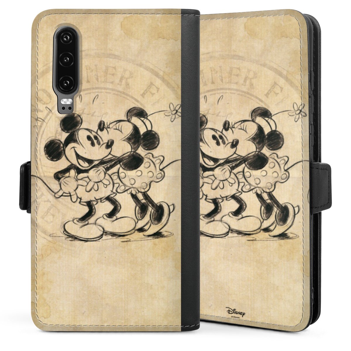 Huawei P30 Handy Klapphülle Handyhülle aus Kunst Leder schwarz Flip Case Mickey Mouse Vintage Minnie Mouse Sideflip mit Lasche