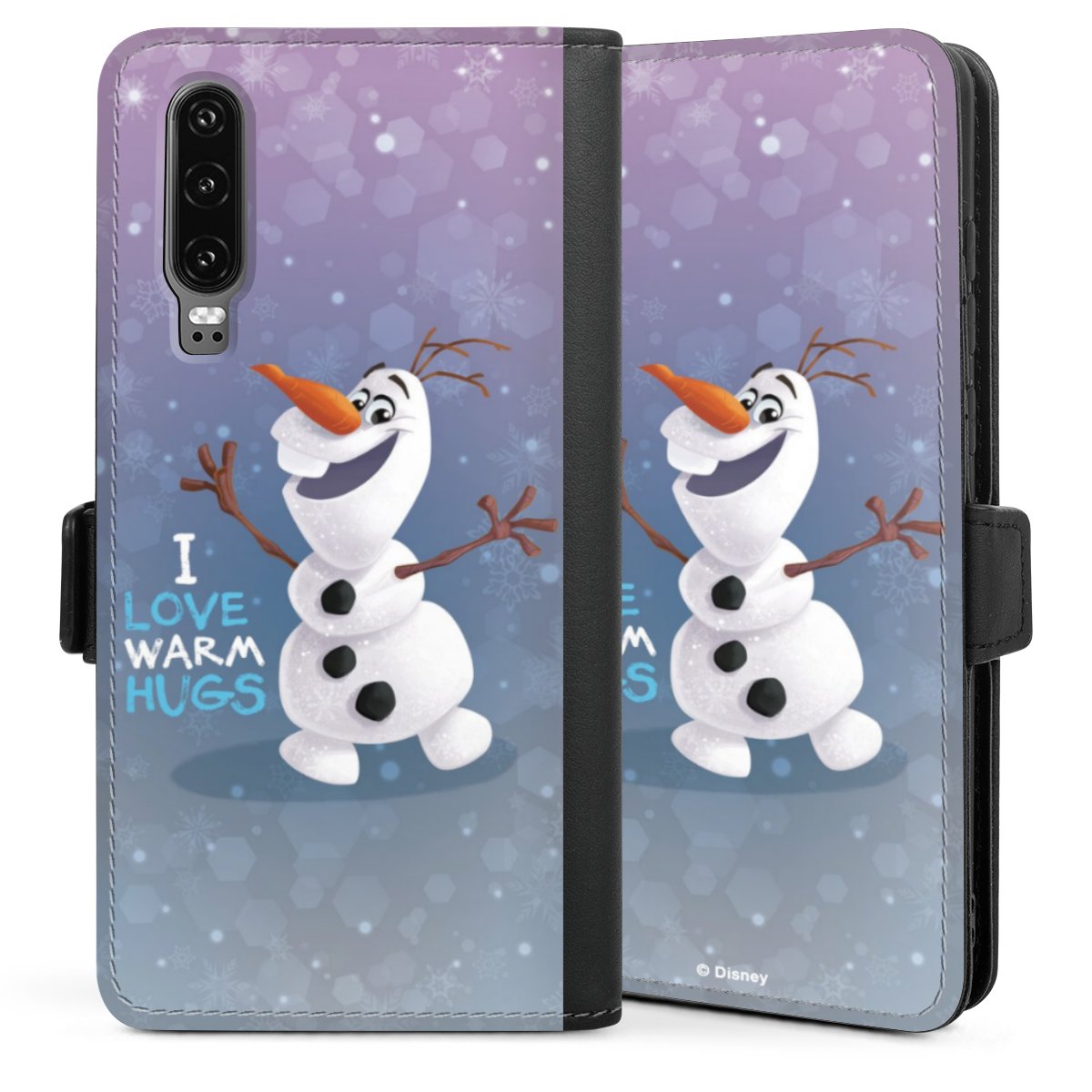 Huawei P30 Handy Klapphülle Handyhülle aus Kunst Leder schwarz Flip Case Frozen Olaf Official Licensed Product Frozen Sideflip mit Lasche