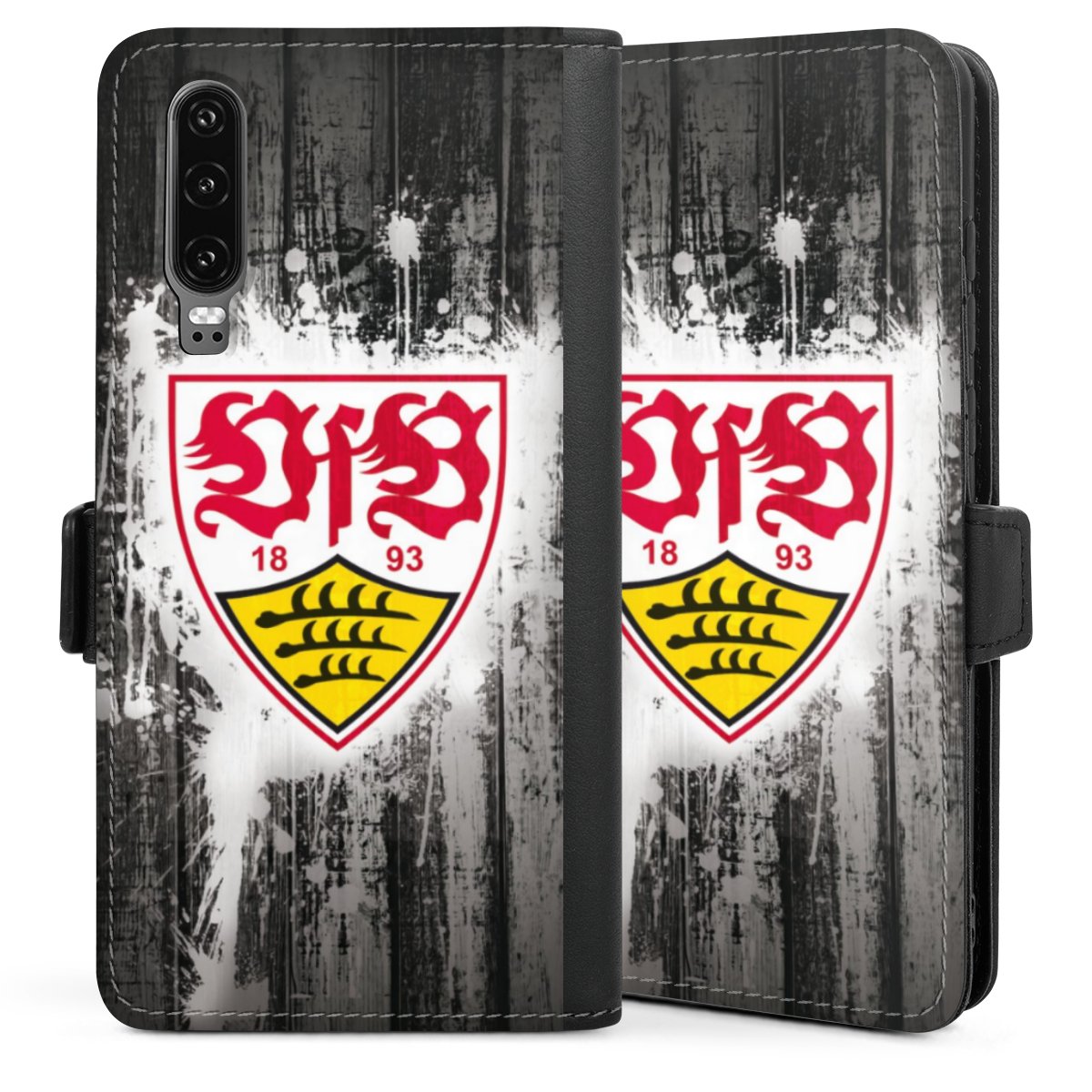 Huawei P30 Handy Klapphülle Handyhülle aus Kunst Leder schwarz Flip Case Vfb Stuttgart Official Licensed Product Sideflip mit Lasche