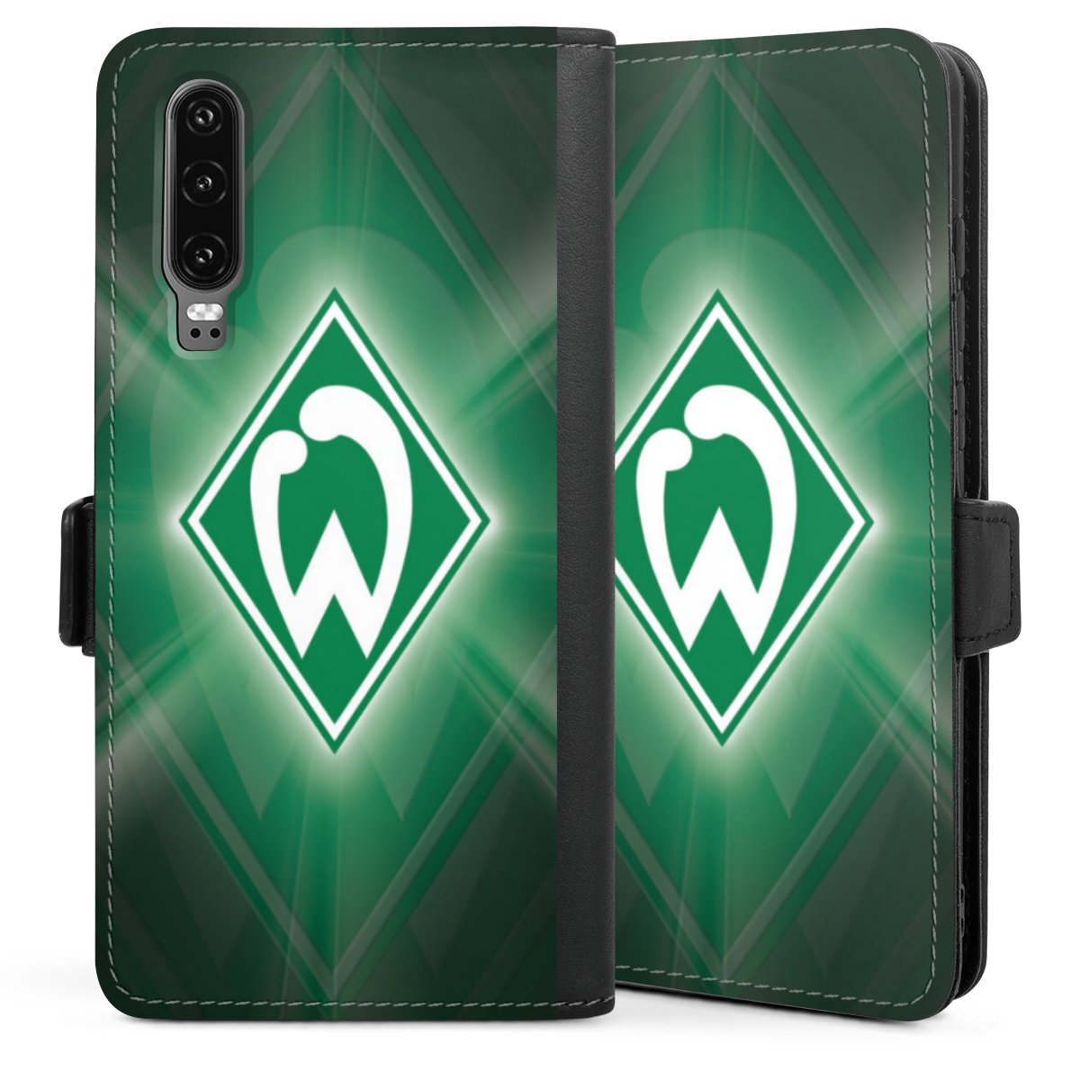 Huawei P30 Handy Klapphülle Handyhülle aus Kunst Leder schwarz Flip Case Coat Of Arms Official Licensed Product Sv Werder Bremen Sideflip mit Lasche