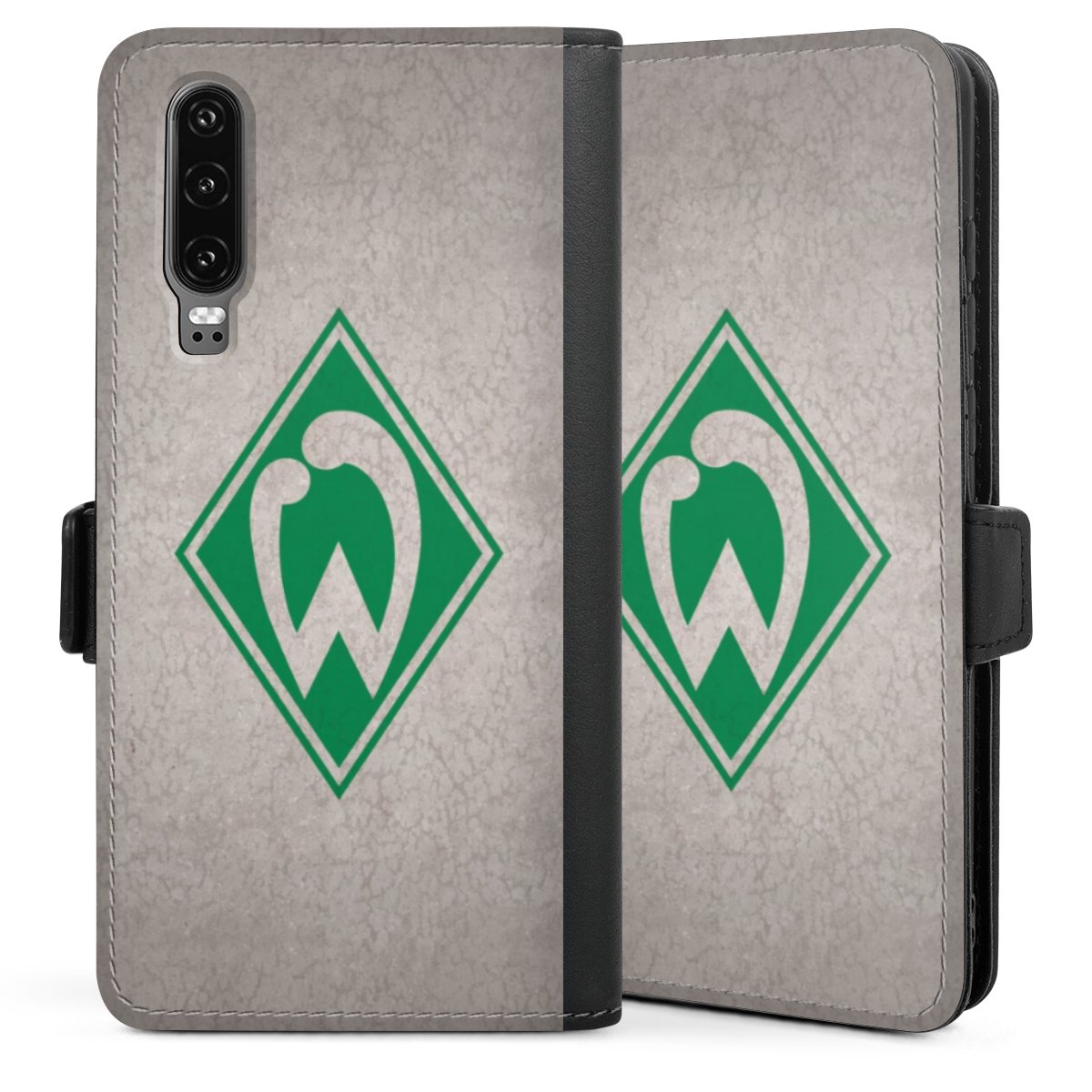 Huawei P30 Handy Klapphülle Handyhülle aus Kunst Leder schwarz Flip Case Official Licensed Product Concrete Sv Werder Bremen Sideflip mit Lasche