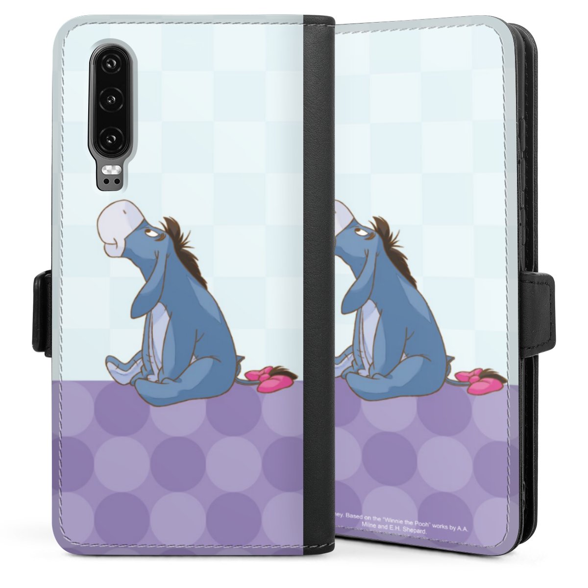 Huawei P30 Handy Klapphülle Handyhülle aus Kunst Leder schwarz Flip Case Winnie The Pooh Disney Donkey Sideflip mit Lasche