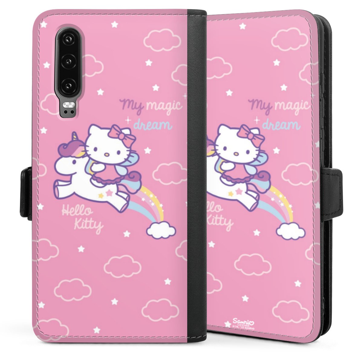 Huawei P30 Handy Klapphülle Handyhülle aus Kunst Leder schwarz Flip Case Official Licensed Product Hello Kitty Einhorn Sideflip mit Lasche