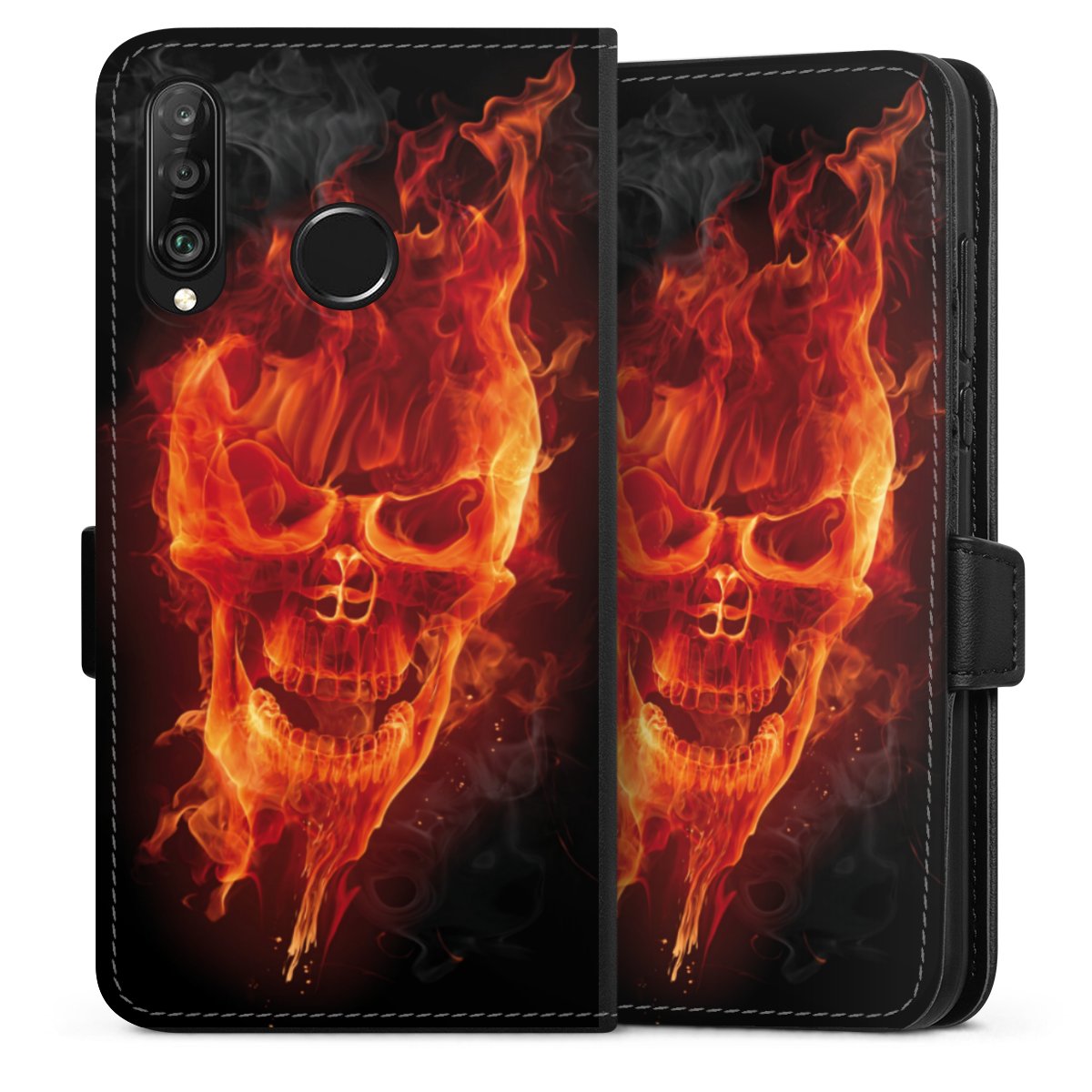 Huawei P30 Lite Handy Klapphülle Handyhülle aus Kunst Leder schwarz Flip Case Totenkopf Skull Fire Sideflip mit Lasche