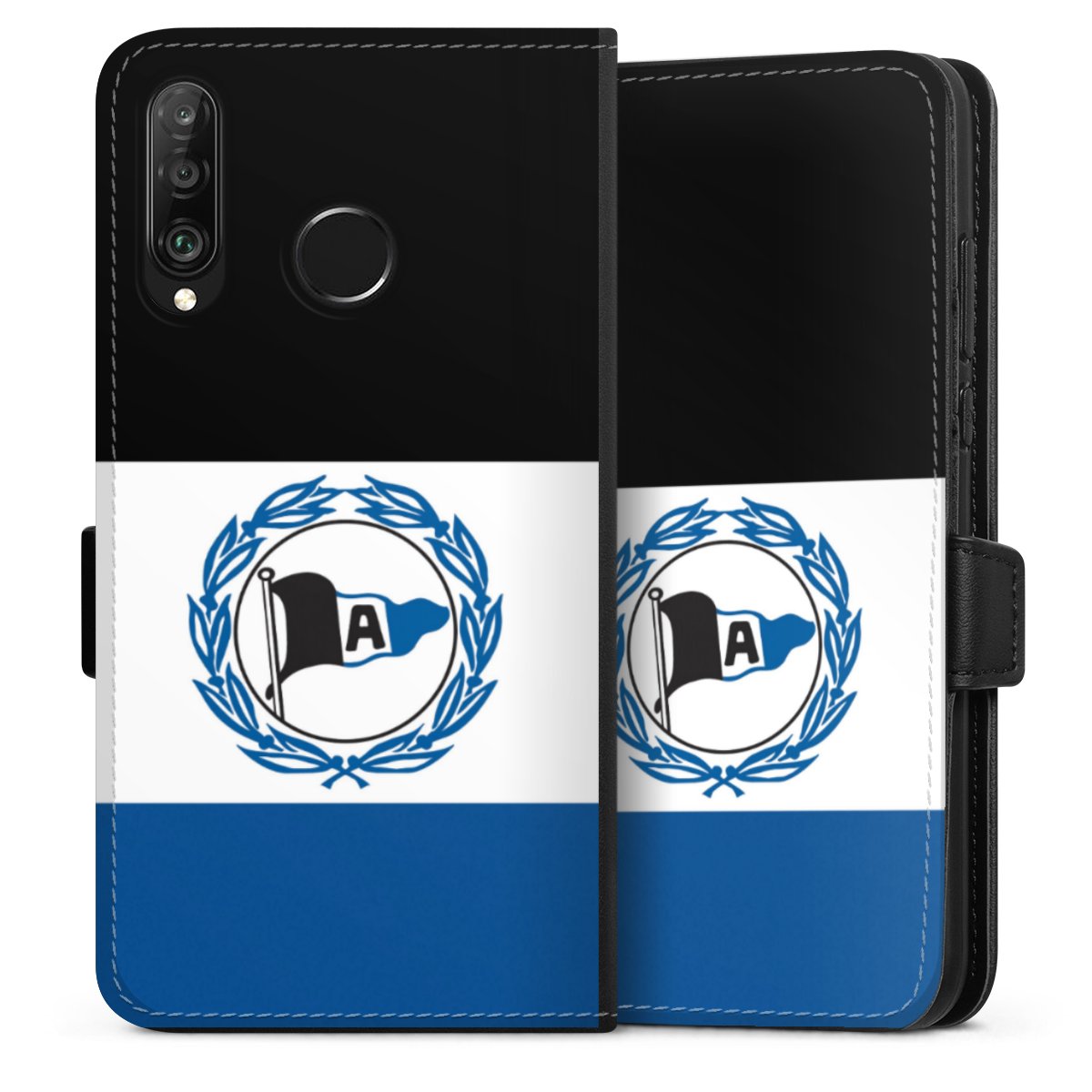 Huawei P30 Lite Handy Klapphülle Handyhülle aus Kunst Leder schwarz Flip Case Arminen Official Licensed Product Arminia Bielefeld Sideflip mit Lasche