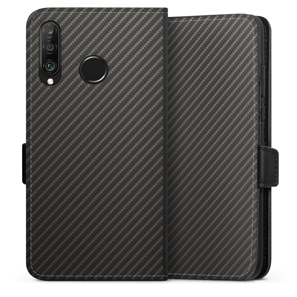 Huawei P30 Lite Handy Klapphülle Handyhülle aus Kunst Leder schwarz Flip Case Metallic Look Carbon Muster Sideflip mit Lasche