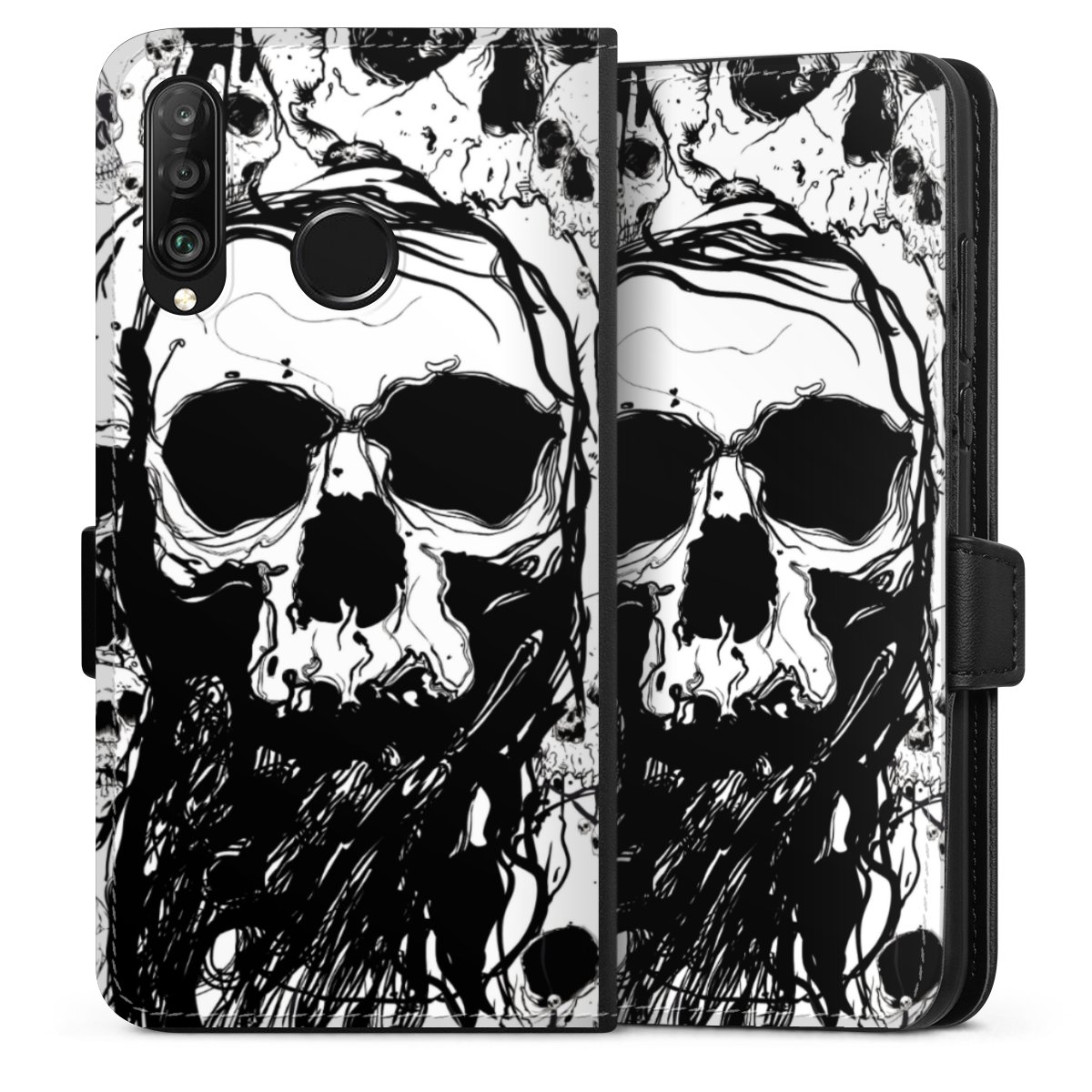 Huawei P30 Lite Handy Klapphülle Handyhülle aus Kunst Leder schwarz Flip Case Totenkopf Halloween Sideflip mit Lasche