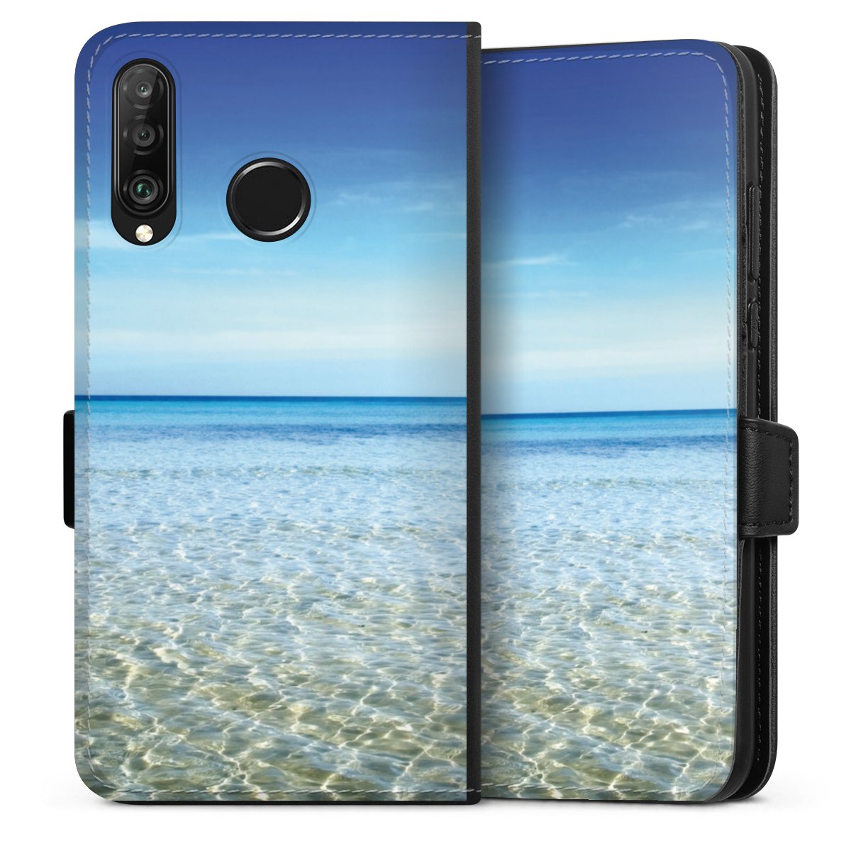 Huawei P30 Lite Handy Klapphülle Handyhülle aus Kunst Leder schwarz Flip Case Urlaub Sky Ocean Sideflip mit Lasche