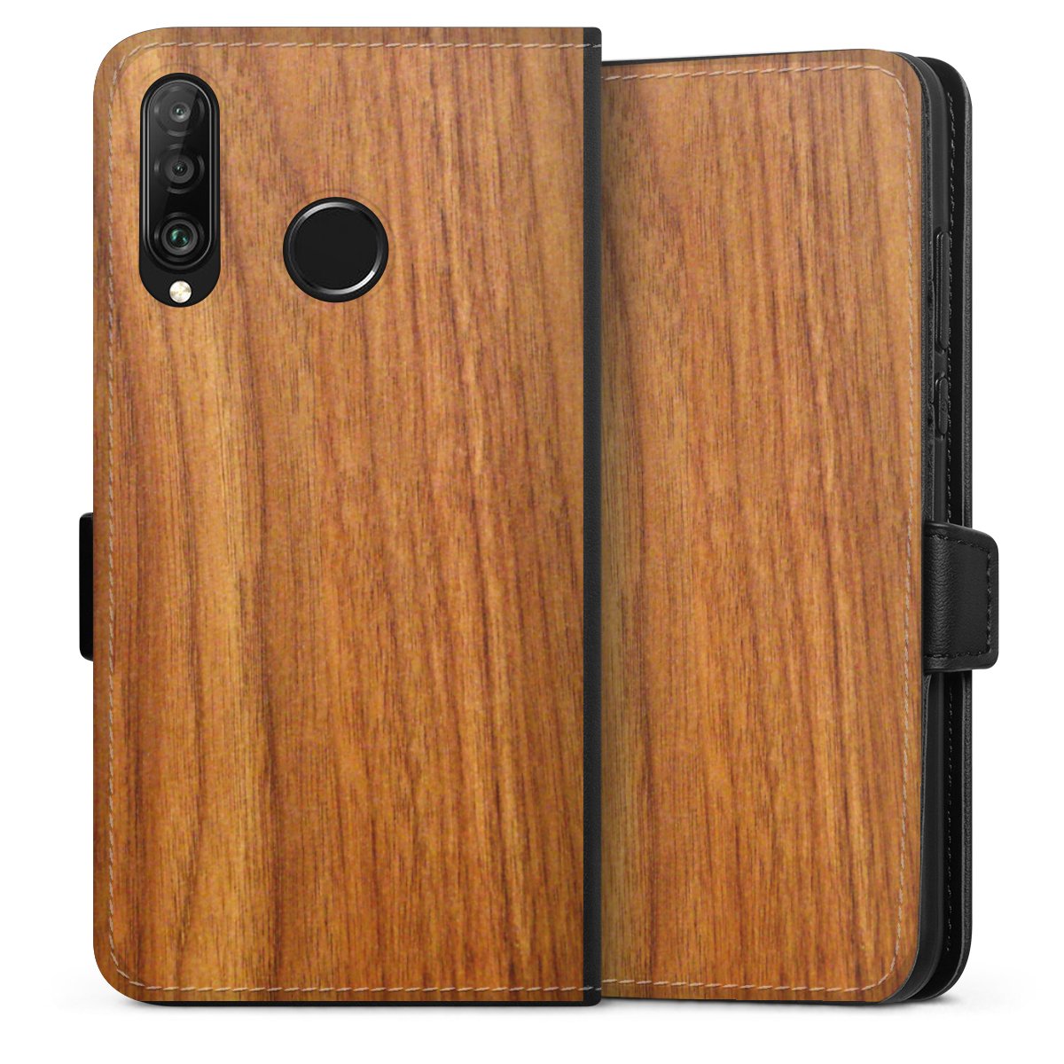 Huawei P30 Lite Handy Klapphülle Handyhülle aus Kunst Leder schwarz Flip Case Wood Larch Wooden Look Sideflip mit Lasche