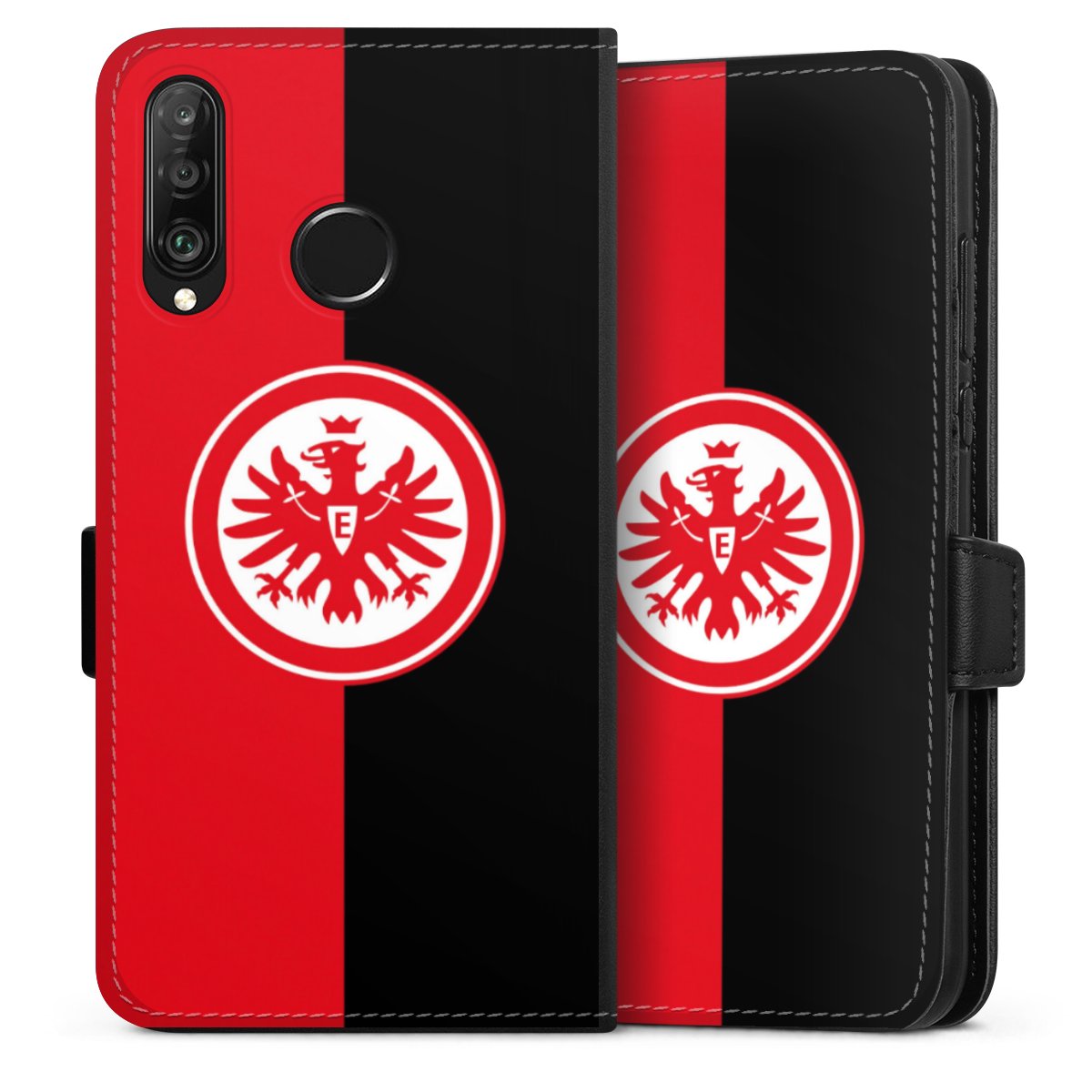 Huawei P30 Lite Handy Klapphülle Handyhülle aus Kunst Leder schwarz Flip Case Official Licensed Product Eintracht Frankfurt Sge Sideflip mit Lasche