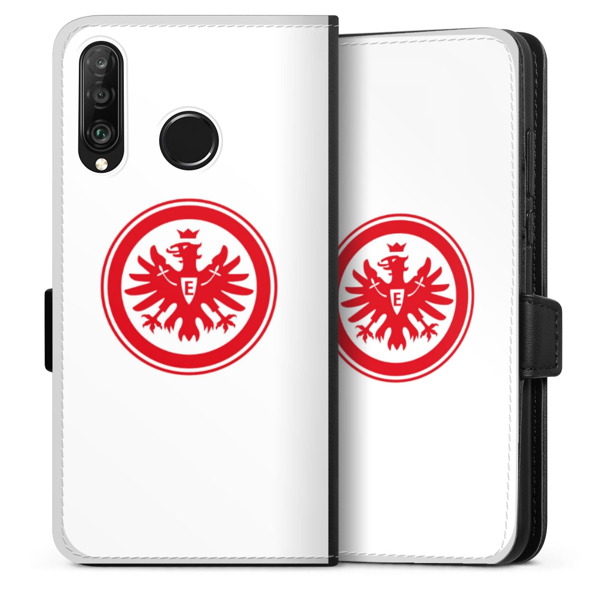 Huawei P30 Lite Handy Klapphülle Handyhülle aus Kunst Leder schwarz Flip Case Sge Eintracht Frankfurt Official Licensed Product Sideflip mit Lasche