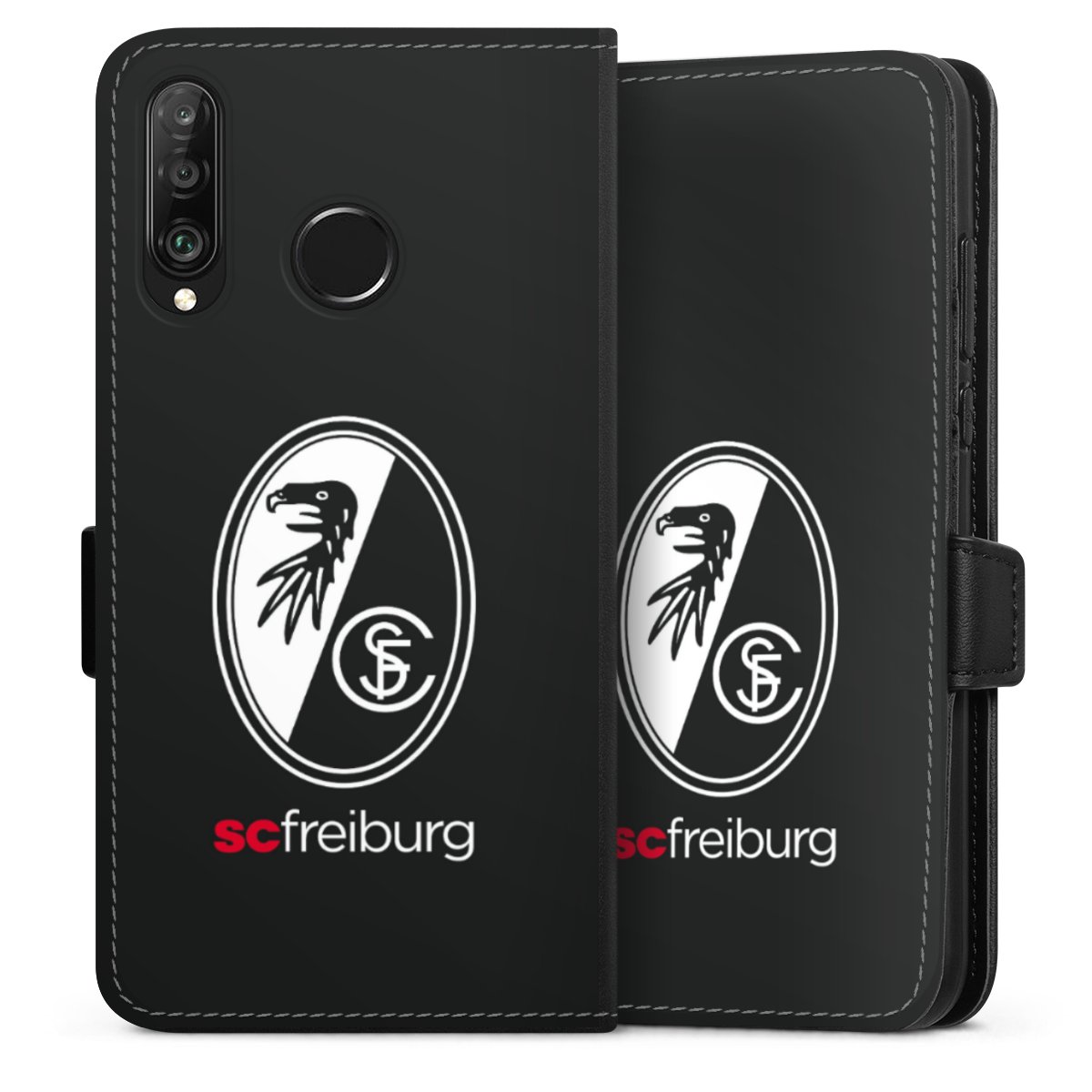 Huawei P30 Lite Handy Klapphülle Handyhülle aus Kunst Leder schwarz Flip Case Official Licensed Product Sc Freiburg Coat Of Arms Sideflip mit Lasche