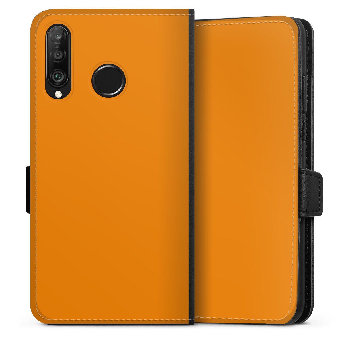 Huawei P30 Lite Handy Klapphülle Handyhülle aus Kunst Leder schwarz Flip Case Unicoloured Colour Orange Sideflip mit Lasche