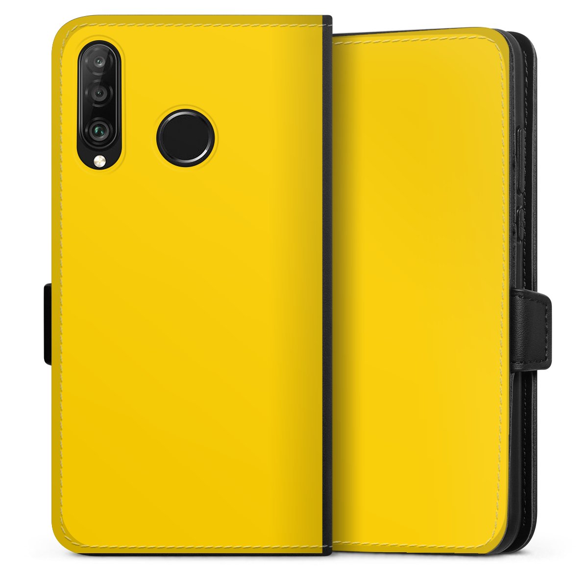 Huawei P30 Lite Handy Klapphülle Handyhülle aus Kunst Leder schwarz Flip Case Yellow Unicoloured Colour Sideflip mit Lasche