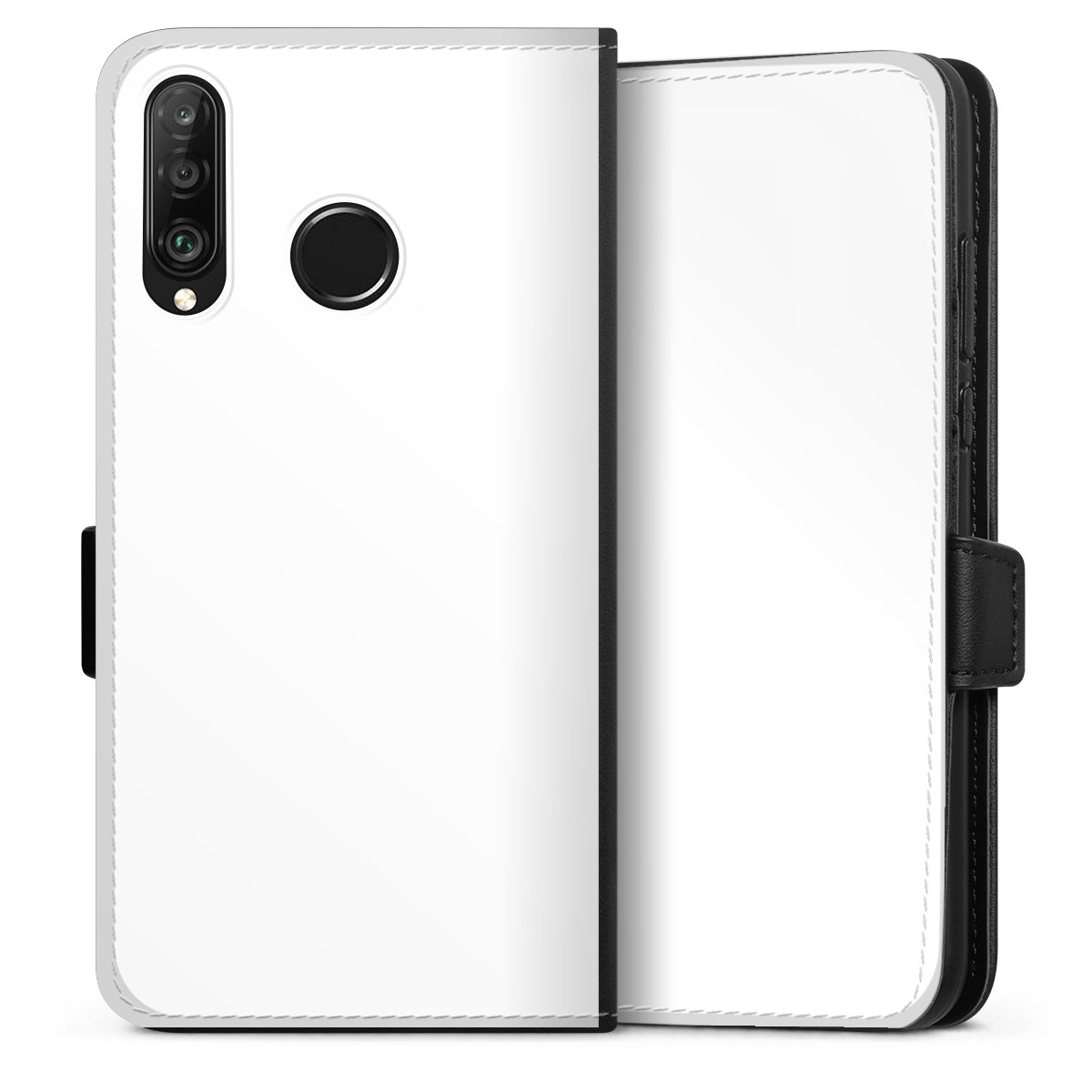 Huawei P30 Lite Handy Klapphülle Handyhülle aus Kunst Leder schwarz Flip Case Unicoloured Colour White Sideflip mit Lasche