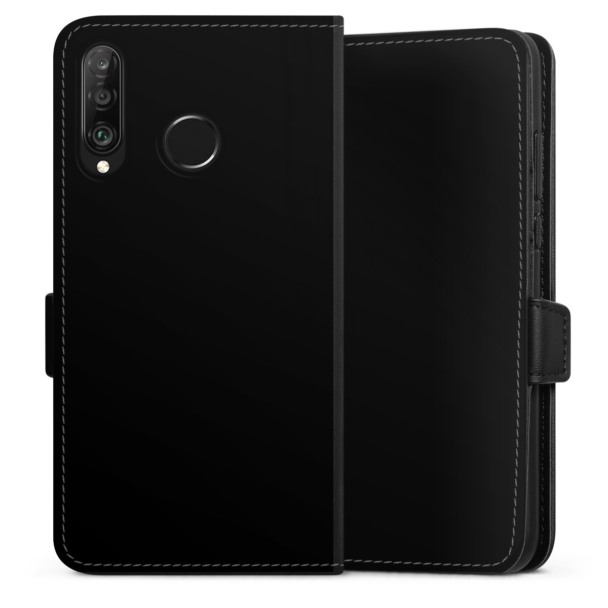 Huawei P30 Lite Handy Klapphülle Handyhülle aus Kunst Leder schwarz Flip Case Black Colour Unicoloured Sideflip mit Lasche